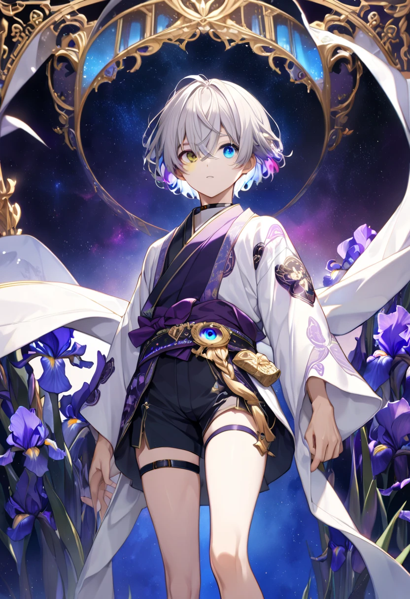  fresh illustration ,
Superfine painting,
 very delicate illustration ,
 Very fine details ,
Picture of only one boy ,
Height: 158cm,
(( standing)),
 white skin,
(((((The right iris is purple and the left iris is blue)))))
(((((Complete iris heterochromia ))))),
 beautiful eyes,
 large black pupils ,
 short hair,
Gray Hair,
 hair roots are bluish ,
 The hair has gradation ,
 shiny hair with makeup,
Beautiful and pretty face,
A small rear wheel that shines brightly floats above the head ,
 raised eyebrows ,
 and is wearing a kimono on the upper body in kimono,
Masculine physique,
 Six Pack,
 Super Skinny,
No boobs,
 lower body Nadres ,
The color of the belt is black ,
Overall white clothes ,
 The design is tastefully embroidered with gold thread,
 fine fabric clothing ,
 jockstrap underwear ,
 thigh strap,
 thigh strapは肌に食い込んでいる,
 white long boots,
 There are countless Japanese style ,
 number of fingers on the hands and feet ,
 thin waist,
 thin legs ,
Isometric,
Golden Ratio,
god々 like atmosphere,
 The undershirt is indigo-colored with a stand-up collar,
 outer space ,
Milky Way,
Little Star々 upper body ,
 tactical use of shadows ,
 rings of the head and hair do not stick out of the angle of view,
Clothes don't stick out of the angle of view ,
(Knee Shot),