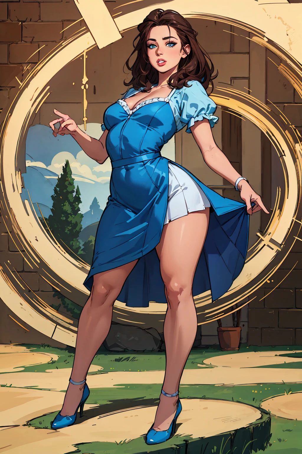 (Masterpiece, best quality, highres, ultra-detailed, dynamic) Dorthy from the wizard of oz, full body, detailed face, detailed eyes, detailed lips, detailed nose, tight blue and white dress like in the wizard of oz movie, short skirt, thicc, (yellow brick road), oz background, sexy and whimsical