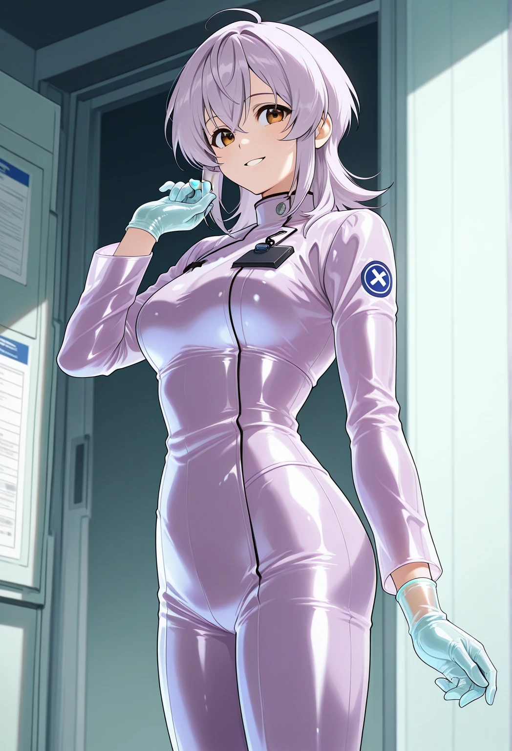 (( female doctor)), anime, smiling, (( Surgical Gloves)), (( light purple latex gloves )), BREAK (( Long Sleeve )),  is standing, Alone