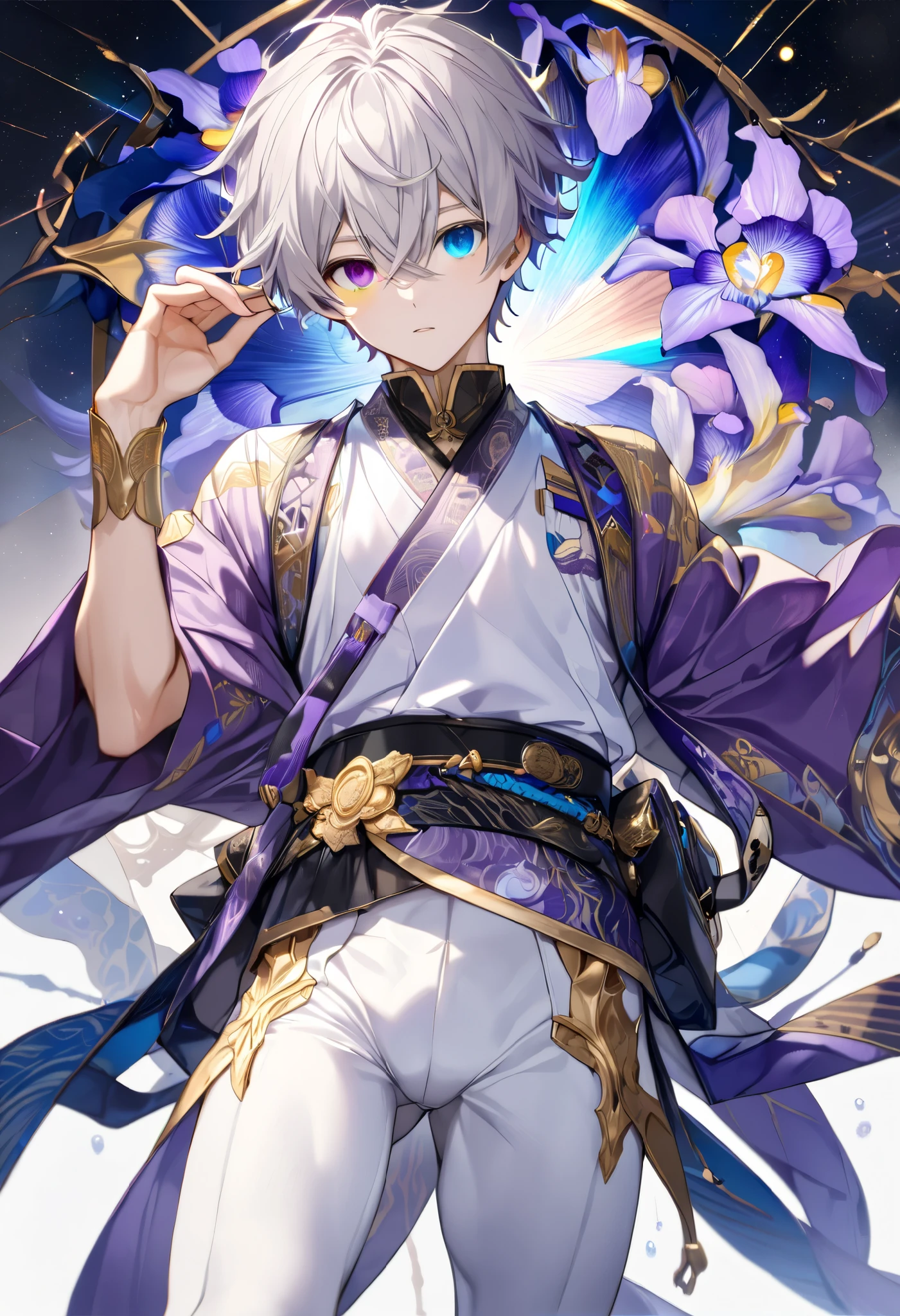  fresh illustration ,
Superfine painting,
 very delicate illustration ,
 Very fine details ,
Picture of only one boy ,
Height: 158cm,
(( standing)),
 white skin,
(((((The right iris is purple and the left iris is blue)))))
(((((Complete iris heterochromia ))))),
 beautiful eyes,
 large black pupils ,
 short hair,
Gray Hair,
 hair roots are bluish ,
 The hair has gradation ,
 shiny hair with makeup,
Beautiful and pretty face,
A small rear wheel that shines brightly floats above the head ,
 raised eyebrows ,
 and is wearing a kimono on the upper body in kimono,
Masculine physique,
 Six Pack,
 Super Skinny,
No boobs,
 lower body Nadres ,
The color of the belt is black ,
Overall white clothes ,
 The design is tastefully embroidered with gold thread,
 fine fabric clothing ,
 jockstrap underwear ,
 thigh strap,
 thigh strapは肌に食い込んでいる,
 white long boots,
 There are countless Japanese style ,
 number of fingers on the hands and feet ,
 thin waist,
 thin legs ,
Isometric,
Golden Ratio,
god々 like atmosphere,
 The undershirt is indigo-colored with a stand-up collar,
 outer space ,
Milky Way,
Little Star々 upper body ,
 tactical use of shadows ,
 rings of the head and hair do not stick out of the angle of view,
Clothes don't stick out of the angle of view ,
(Knee Shot),