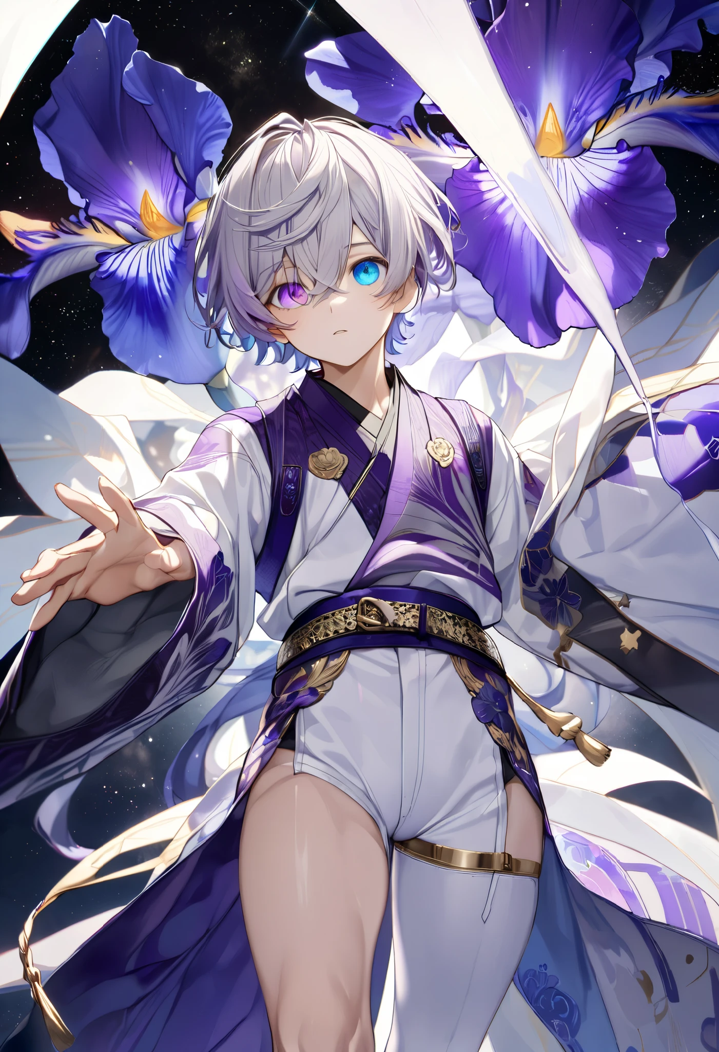  fresh illustration ,
Superfine painting,
 very delicate illustration ,
 Very fine details ,
Picture of only one boy ,
Height: 158cm,
(( standing)),
 white skin,
(((((The right iris is purple and the left iris is blue)))))
(((((Complete iris heterochromia ))))),
 beautiful eyes,
 large black pupils ,
 short hair,
Gray Hair,
 hair roots are bluish ,
 The hair has gradation ,
 shiny hair with makeup,
Beautiful and pretty face,
A small rear wheel that shines brightly floats above the head ,
 raised eyebrows ,
 and is wearing a kimono on the upper body in kimono,
Masculine physique,
 Six Pack,
 Super Skinny,
No boobs,
 lower body Nadres ,
The color of the belt is black ,
Overall white clothes ,
 The design is tastefully embroidered with gold thread,
 fine fabric clothing ,
 jockstrap underwear ,
 thigh strap,
 thigh strapは肌に食い込んでいる,
 white long boots,
 There are countless Japanese style ,
 number of fingers on the hands and feet ,
 thin waist,
 thin legs ,
Isometric,
Golden Ratio,
god々 like atmosphere,
 The undershirt is indigo-colored with a stand-up collar,
 outer space ,
Milky Way,
Little Star々 upper body ,
 tactical use of shadows ,
 rings of the head and hair do not stick out of the angle of view,
Clothes don't stick out of the angle of view ,
(Knee Shot),