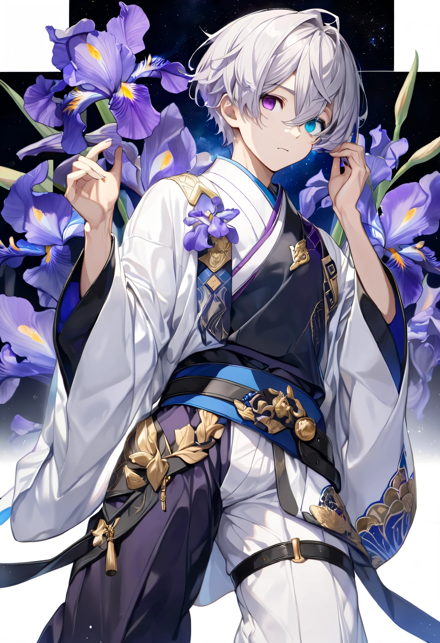  fresh illustration ,
Superfine painting,
 very delicate illustration ,
 Very fine details ,
Picture of only one boy ,
Height: 158cm,
(( standing)),
 white skin,
(((((The right iris is purple and the left iris is blue)))))
(((((Complete iris heterochromia ))))),
 beautiful eyes,
 large black pupils ,
 short hair,
Gray Hair,
 hair roots are bluish ,
 The hair has gradation ,
 shiny hair with makeup,
Beautiful and pretty face,
A small rear wheel that shines brightly floats above the head ,
 raised eyebrows ,
 and is wearing a kimono on the upper body in kimono,
Masculine physique,
 Six Pack,
 Super Skinny,
No boobs,
 lower body Nadres ,
The color of the belt is black ,
Overall white clothes ,
 The design is tastefully embroidered with gold thread,
 fine fabric clothing ,
 jockstrap underwear ,
 thigh strap,
 thigh strapは肌に食い込んでいる,
 white long boots,
 There are countless Japanese style ,
 number of fingers on the hands and feet ,
 thin waist,
 thin legs ,
Isometric,
Golden Ratio,
god々 like atmosphere,
 The undershirt is indigo-colored with a stand-up collar,
 outer space ,
Milky Way,
Little Star々 upper body ,
 tactical use of shadows ,
 rings of the head and hair do not stick out of the angle of view,
Clothes don't stick out of the angle of view ,
(Knee Shot),