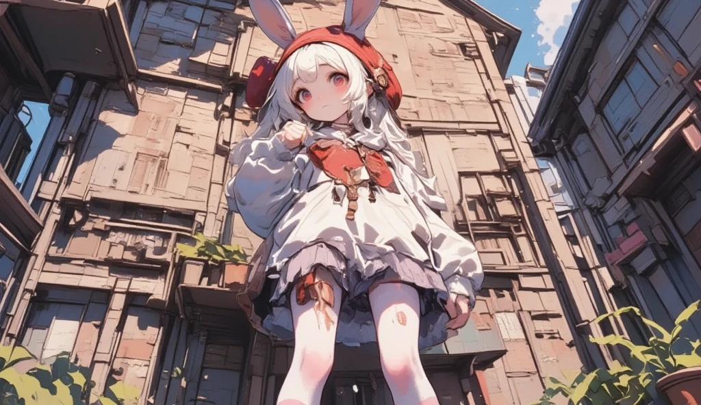 1girl, cute, cute, full body:1.3, A red knitted hat with rabbit ears growing out of it, (Baggy hoodie, Her hands are hidden by his very long sleeves), White and pink striped tights, huge shoes:1.3, Background\Street Town\Brick Wall, Diagonal view from below, Clear outline