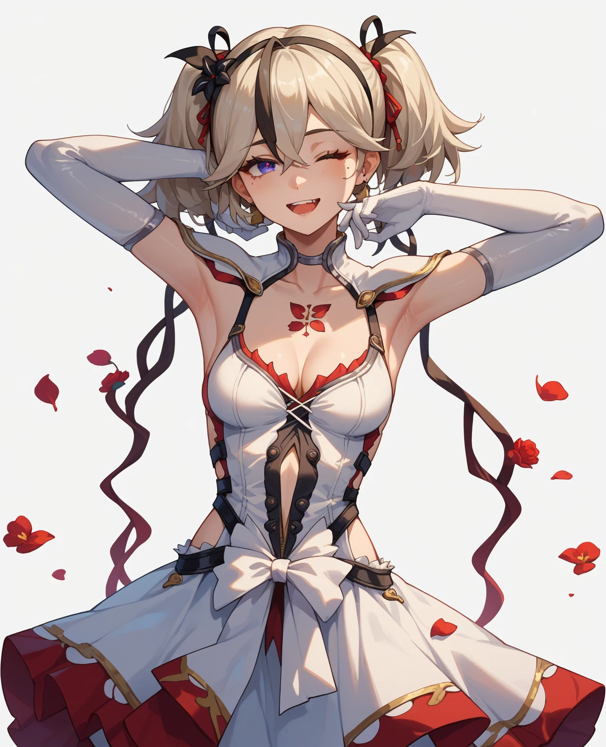 Boy, White hair, pink freckles, breast bundle, Pink eyes, (black sclera on the right eye, heterochromia), Ideal Anatomy, (Best quality, masterpiece:1), fluffy, boy, antro, 4 hands, Gold Tooth, huge bun on chest, hourglass figure with sharp teeth, body, mixing, Ray tracing, Backlight, blossom, mixing, falling shadow, Fill an image, halftones, movement lines, optical illusion, anaglyph, express lines, vignetting, , retina, masterpiece, accurate, Anatomically correct, textured leather, super detail, high detail, Body hair, hair on the chest, wide hips, Fluffy legs, covered in flower petals, boy , man , femboy, one flower in my hair, 4 hands, smile, Wedding Dress , bouquet in hands , disturbance. Платье закрывает всё body. legs covered with dress, The Yellow Dress
