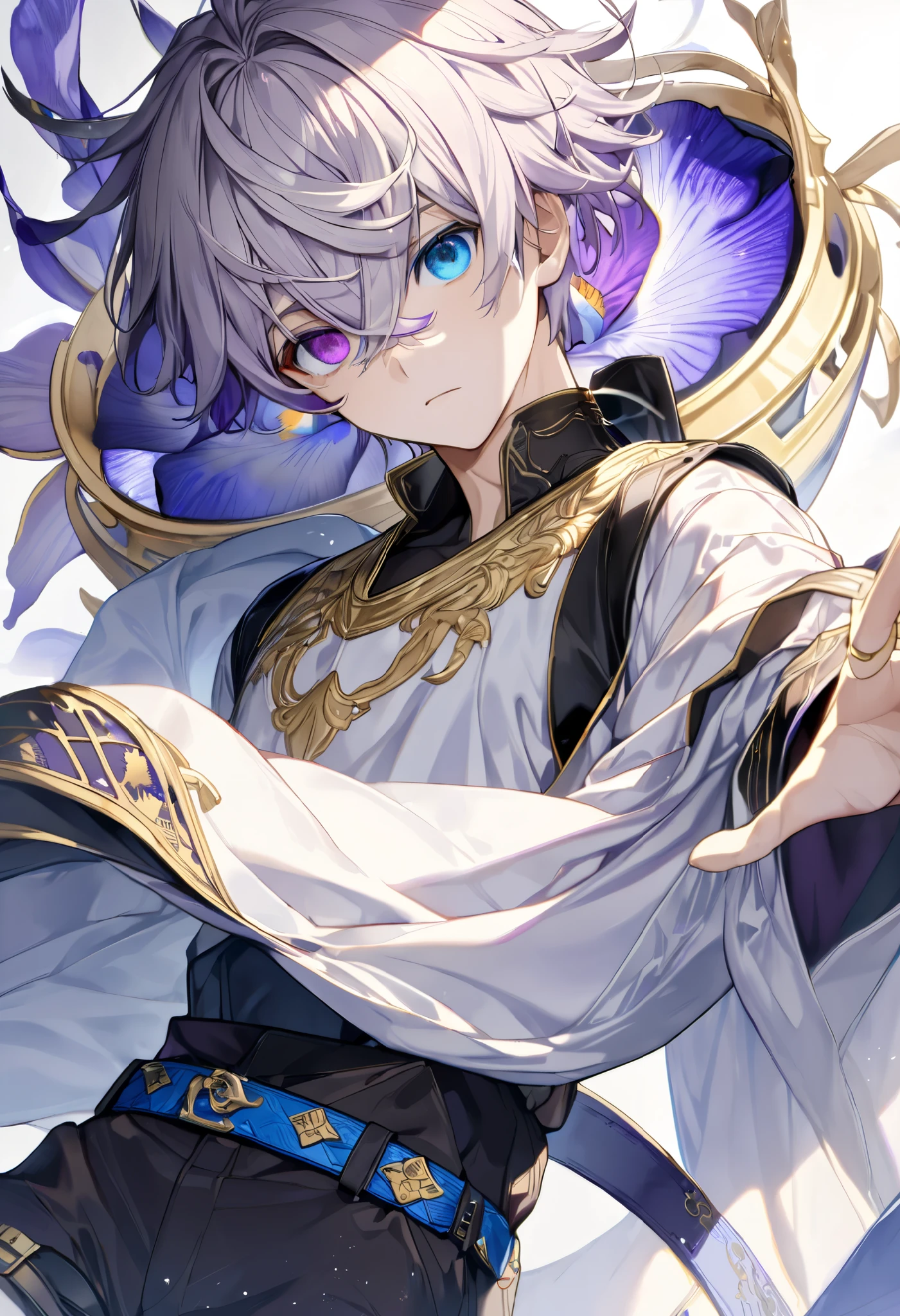  fresh illustration ,
Superfine painting,
 very delicate illustration ,
 Very fine details ,
Picture of only one boy ,
Height: 158cm,
(( standing)),
 white skin,
(((((The right iris is purple and the left iris is blue)))))
(((((Complete iris heterochromia ))))),
 beautiful eyes,
 large black pupils ,
 short hair,
Gray Hair,
 hair roots are bluish ,
 The hair has gradation ,
 shiny hair with makeup,
Beautiful and pretty face,
A small rear wheel that shines brightly floats above the head ,
 raised eyebrows ,
 and is wearing a kimono on the upper body in kimono,
Masculine physique,
 Six Pack,
 Super Skinny,
No boobs,
 lower body Nadres ,
The color of the belt is black ,
Overall white clothes ,
 The design is tastefully embroidered with gold thread,
 fine fabric clothing ,
 jockstrap underwear ,
 thigh strap,
 thigh strapは肌に食い込んでいる,
 white long boots,
 There are countless Japanese style ,
 number of fingers on the hands and feet ,
 thin waist,
 thin legs ,
Isometric,
Golden Ratio,
god々 like atmosphere,
 The undershirt is indigo-colored with a stand-up collar,
 outer space ,
Milky Way,
Little Star々 upper body ,
 tactical use of shadows ,
 rings of the head and hair do not stick out of the angle of view,
Clothes don't stick out of the angle of view ,
(Knee Shot),