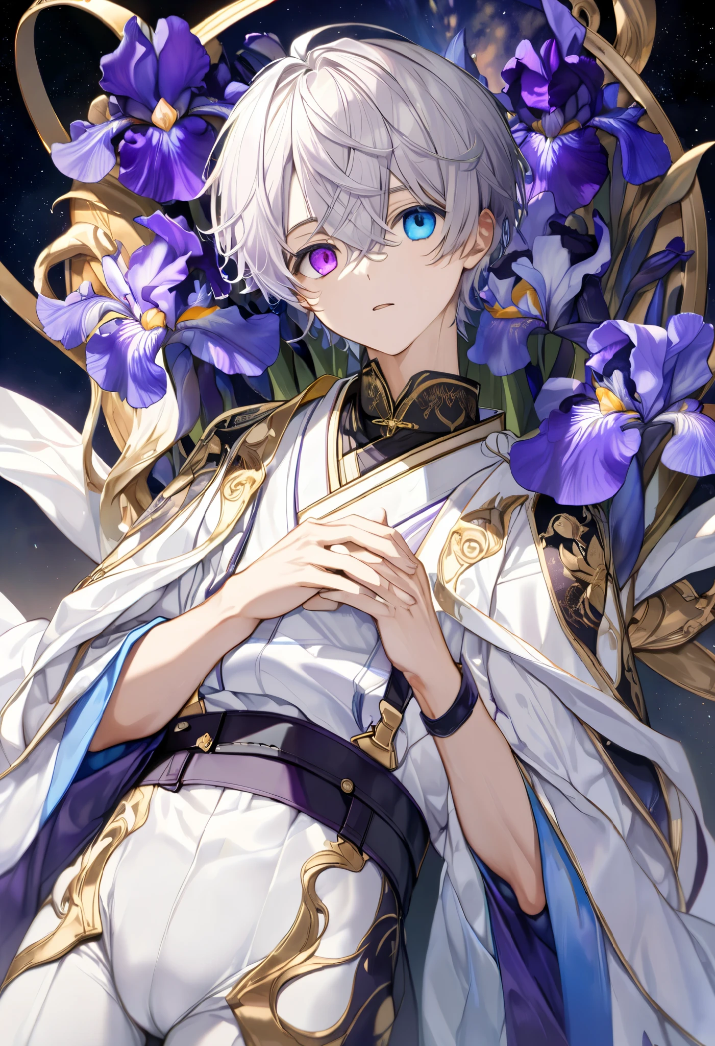  fresh illustration ,
Superfine painting,
 very delicate illustration ,
 Very fine details ,
Picture of only one boy ,
Height: 158cm,
(( standing)),
 white skin,
(((((The right iris is purple and the left iris is blue)))))
(((((Complete iris heterochromia ))))),
 beautiful eyes,
 large black pupils ,
 short hair,
Gray Hair,
 hair roots are bluish ,
 The hair has gradation ,
 shiny hair with makeup,
Beautiful and pretty face,
A small rear wheel that shines brightly floats above the head ,
 raised eyebrows ,
 and is wearing a kimono on the upper body in kimono,
Masculine physique,
 Six Pack,
 Super Skinny,
No boobs,
 lower body Nadres ,
The color of the belt is black ,
Overall white clothes ,
 The design is tastefully embroidered with gold thread,
 fine fabric clothing ,
 jockstrap underwear ,
 thigh strap,
 thigh strapは肌に食い込んでいる,
 white long boots,
 There are countless Japanese style ,
 number of fingers on the hands and feet ,
 thin waist,
 thin legs ,
Isometric,
Golden Ratio,
god々 like atmosphere,
 The undershirt is indigo-colored with a stand-up collar,
 outer space ,
Milky Way,
Little Star々 upper body ,
 tactical use of shadows ,
 rings of the head and hair do not stick out of the angle of view,
Clothes don't stick out of the angle of view ,
(Knee Shot),