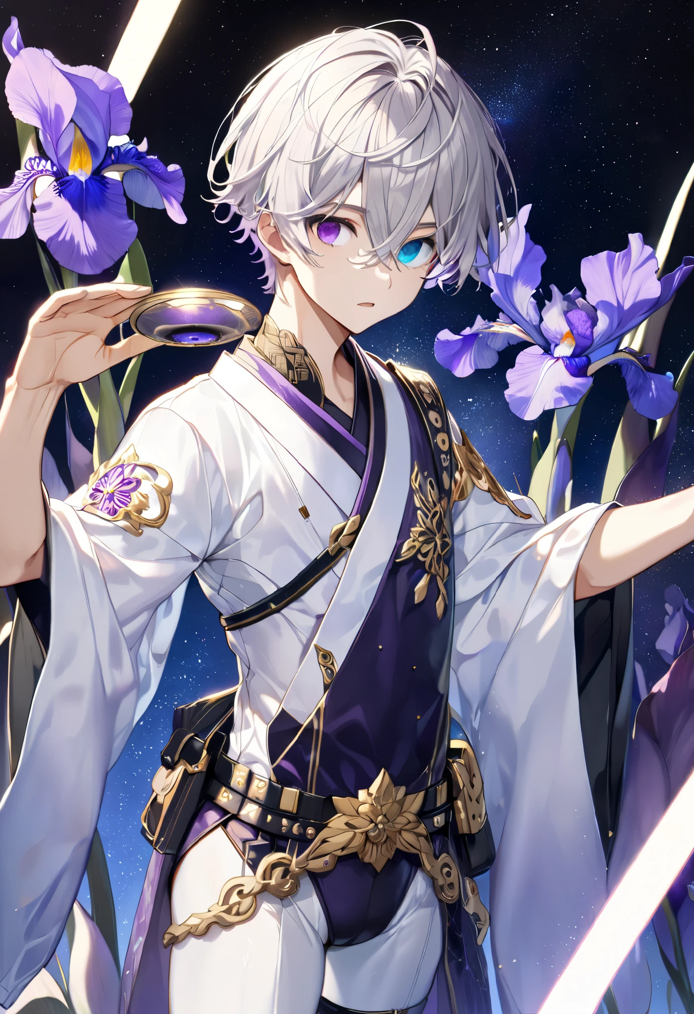  fresh illustration ,
Superfine painting,
 very delicate illustration ,
 Very fine details ,
Picture of only one boy ,
Height: 158cm,
(( standing)),
 white skin,
(((((The right iris is purple and the left iris is blue)))))
(((((Complete iris heterochromia ))))),
 beautiful eyes,
 large black pupils ,
 short hair,
Gray Hair,
 hair roots are bluish ,
 The hair has gradation ,
 shiny hair with makeup,
Beautiful and pretty face,
A small rear wheel that shines brightly floats above the head ,
 raised eyebrows ,
 and is wearing a kimono on the upper body in kimono,
Masculine physique,
 Six Pack,
 Super Skinny,
No boobs,
 lower body Nadres ,
The color of the belt is black ,
Overall white clothes ,
 The design is tastefully embroidered with gold thread,
 fine fabric clothing ,
 jockstrap underwear ,
 thigh strap,
 thigh strapは肌に食い込んでいる,
 white long boots,
 There are countless Japanese style ,
 number of fingers on the hands and feet ,
 thin waist,
 thin legs ,
Isometric,
Golden Ratio,
god々 like atmosphere,
 The undershirt is indigo-colored with a stand-up collar,
 outer space ,
Milky Way,
Little Star々 upper body ,
 tactical use of shadows ,
 rings of the head and hair do not stick out of the angle of view,
Clothes don't stick out of the angle of view ,
(Knee Shot),