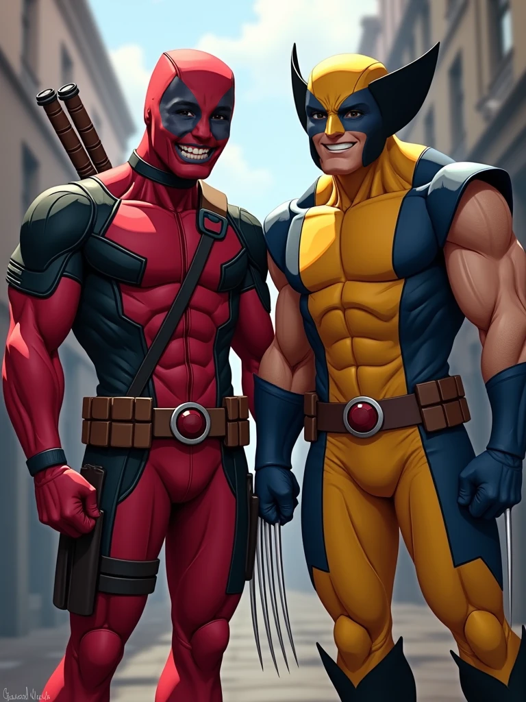 Wolverine purple suit and deadpool purple suit