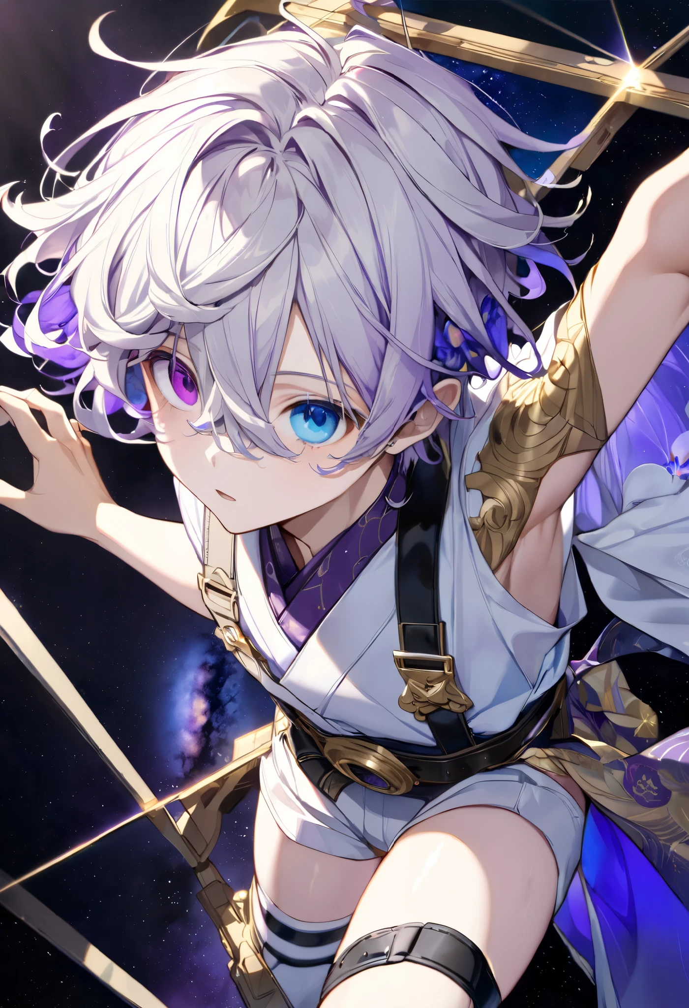  fresh illustration ,
Superfine painting,
 very delicate illustration ,
 Very fine details ,
Picture of only one boy ,
Height: 158cm,
(( standing)),
 white skin,
(((((The right iris is purple and the left iris is blue)))))
(((((Complete iris heterochromia ))))),
 beautiful eyes,
 large black pupils ,
 short hair,
Gray Hair,
 hair roots are bluish ,
 The hair has gradation ,
 shiny hair with makeup,
Beautiful and pretty face,
A small rear wheel that shines brightly floats above the head ,
 raised eyebrows ,
 and is wearing a kimono on the upper body in kimono,
Masculine physique,
 Six Pack,
 Super Skinny,
No boobs,
 lower body Nadres ,
The color of the belt is black ,
Overall white clothes ,
 The design is tastefully embroidered with gold thread,
 fine fabric clothing ,
 jockstrap underwear ,
 thigh strap,
 thigh strapは肌に食い込んでいる,
 white long boots,
 There are countless Japanese style ,
 number of fingers on the hands and feet ,
 thin waist,
 thin legs ,
Isometric,
Golden Ratio,
god々 like atmosphere,
 The undershirt is indigo-colored with a stand-up collar,
 outer space ,
Milky Way,
Little Star々 upper body ,
 tactical use of shadows ,
 rings of the head and hair do not stick out of the angle of view,
Clothes don't stick out of the angle of view ,
(Knee Shot),