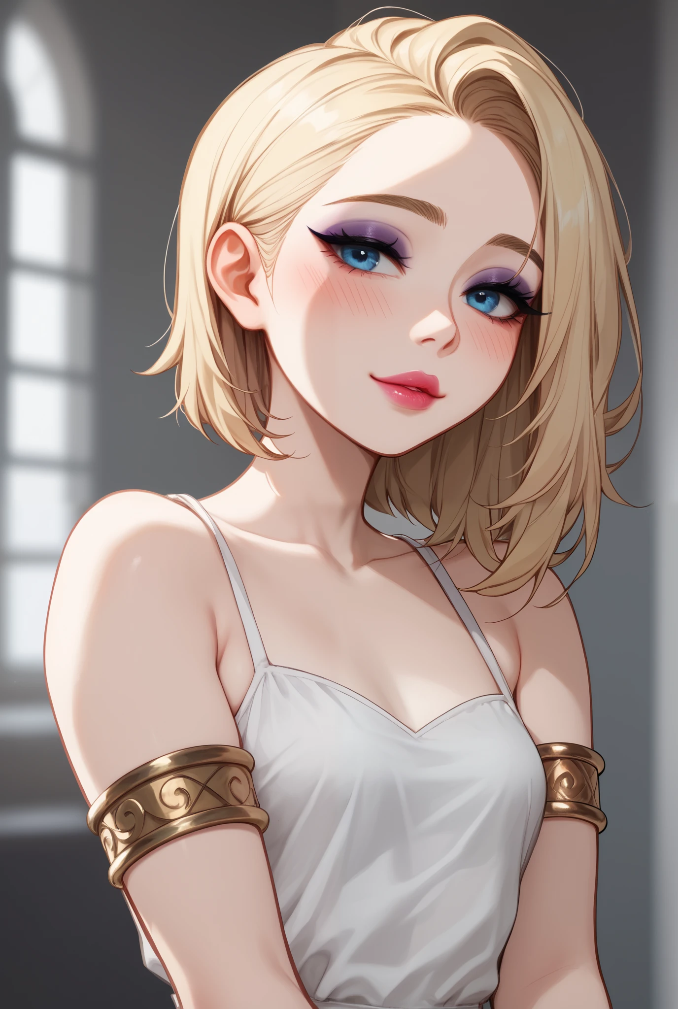 1woman, pretty face, gorgeous blue eyes, mid-length hair, loose white sleeveless lowcut sweetheart dress, shoulders out, arms out, bright pink blush, blonde adult, 30-years old woman, humble face, confident eyes, has a crush on you, small breasts, golden bracelets, sleek golden armlets, pale matte lipstick, matte smoky dark purple eyeshadow, black eyeliner, eyelashes, delicate body, delicate frame, perfect skin, perfect complexion, matte make-up