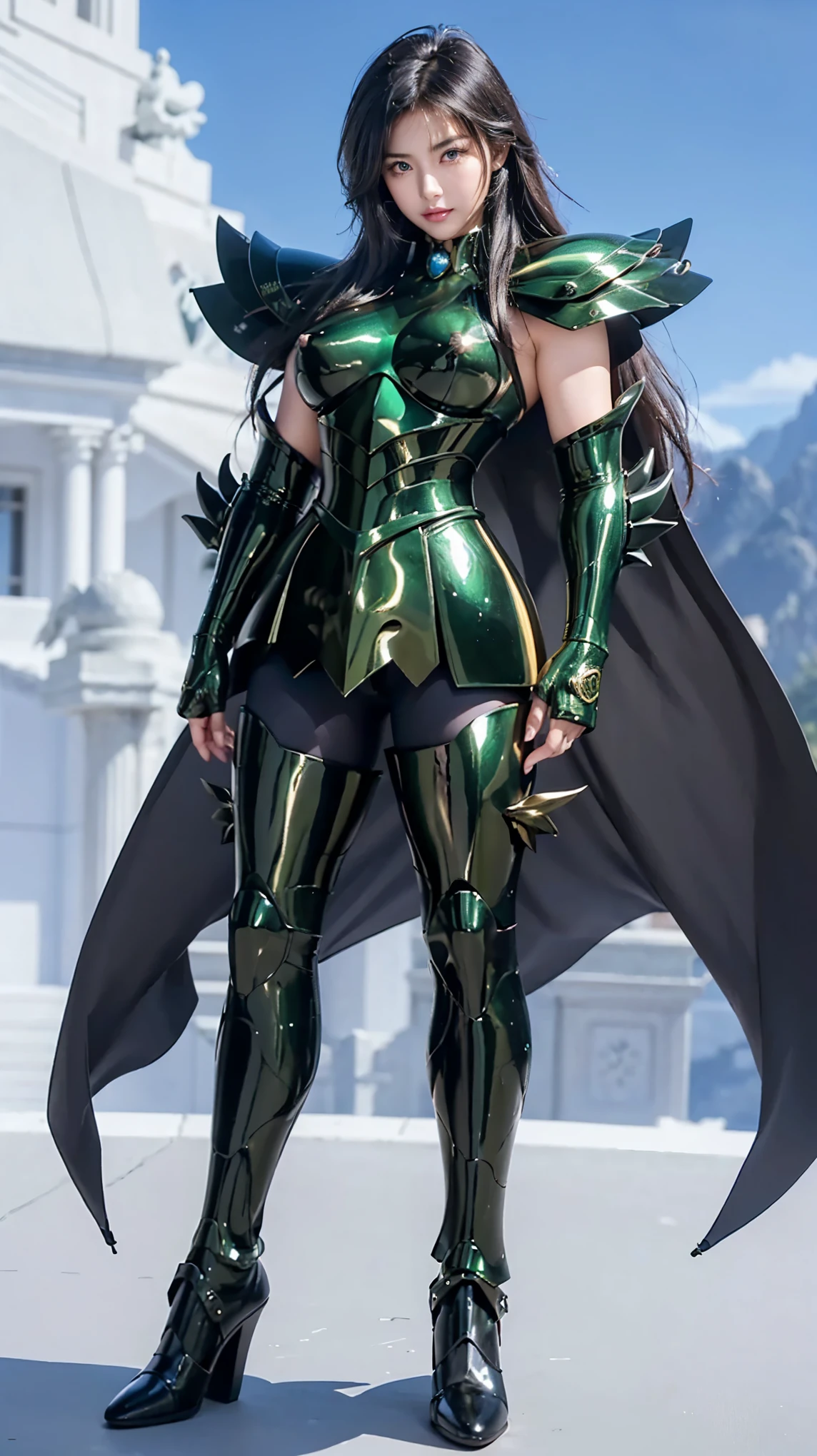 Realistic style, Big chest, big breasts, chubby body, slightly plump sexy waist, rosy red lips, beautiful round eyes, weight 55kg. masculine {face perfect},{Bblack hair},{greeneyes},{{cos_whole}},{wearing metal boots}, saint seiya zodiac pisces armor.