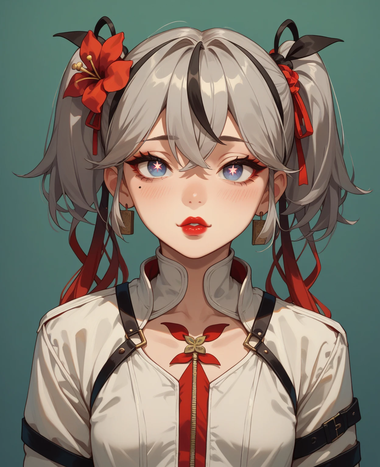 straitjacket,nsfw,(masterpiece), best quality, expressive eyes, perfect face, lipstick, grey hair, hair ribbon, red hair flower, hair ornament, symbol-shaped pupils, twintails, streaked hair, multicolored hair