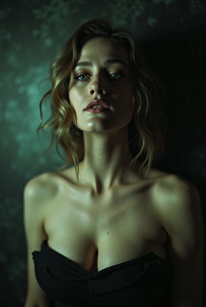 Horror-style woman, sexly, with a James Wan-style background