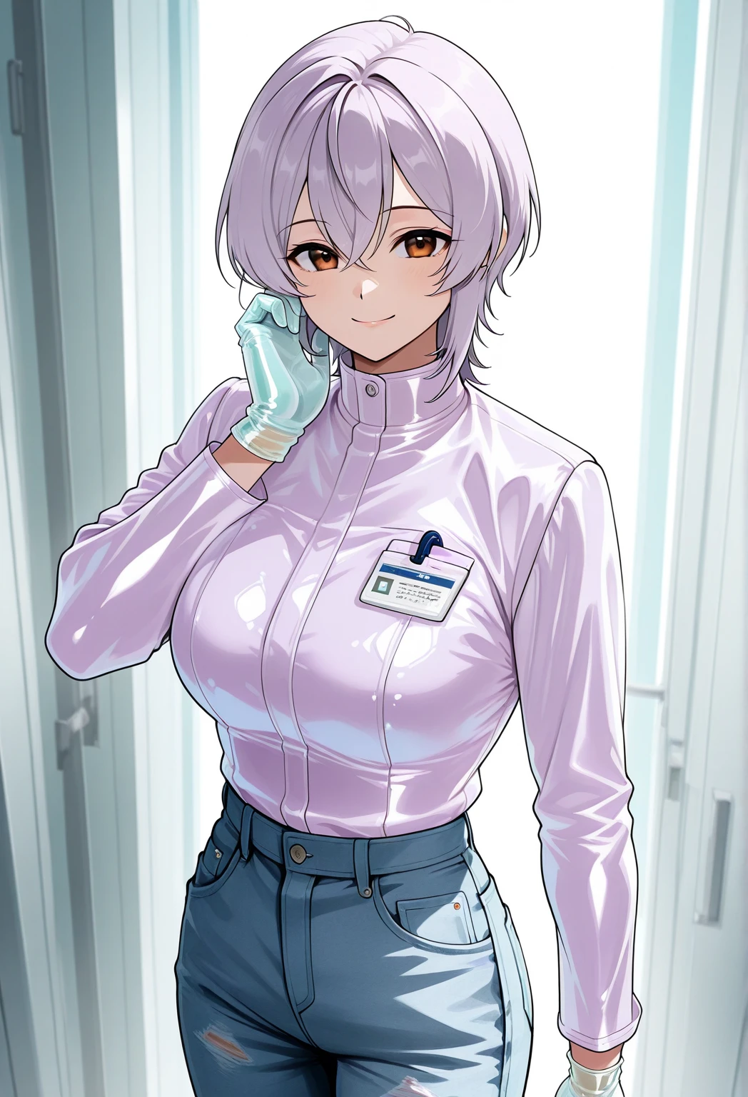 (( female doctor)), anime, smiling, (( Surgical Gloves)), (( light purple latex gloves )), BREAK (( white long sleeve )), (denim), is standing, Alone