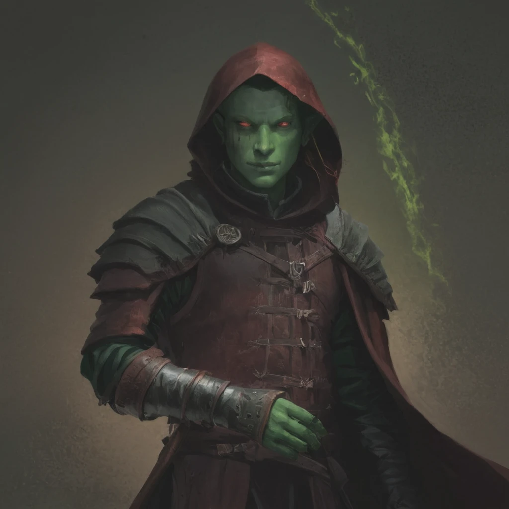  DND character - guy, blood mage. elf,  red hair,  green eyes.  magic book in hand.  green cloak . medium leather armor.