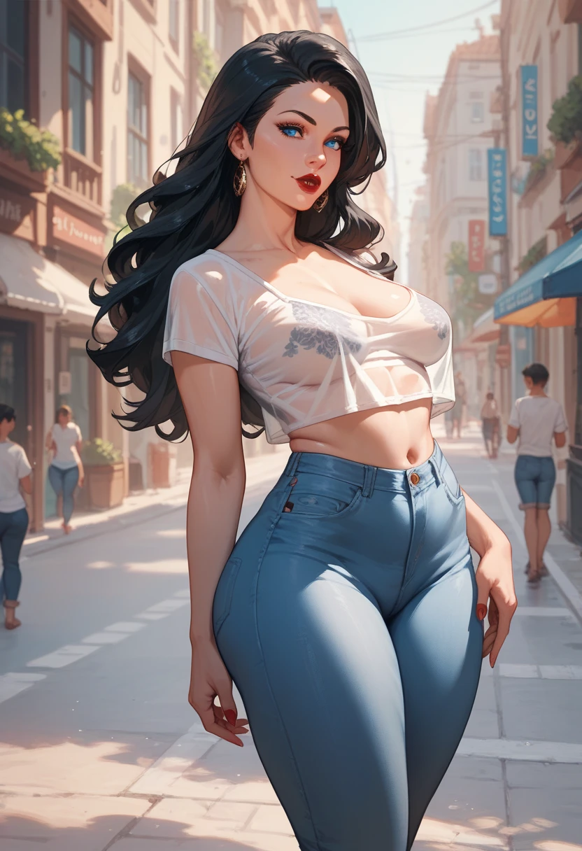  mature woman ,  black hair,  long hair ,  blue eyes,  defined body, flat belly,  Thick thighs,  big butt ,  medium breasts ,  red lips, short jeans,  transparent white top,  from the front,  in the middle of the street , standing