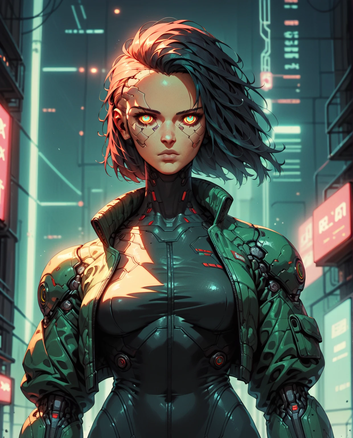 Cyberpunk, woman staying, Cyberpunk jacket, future city, neon lights, Front view, Waist Shot, detailed face, detailed eyes