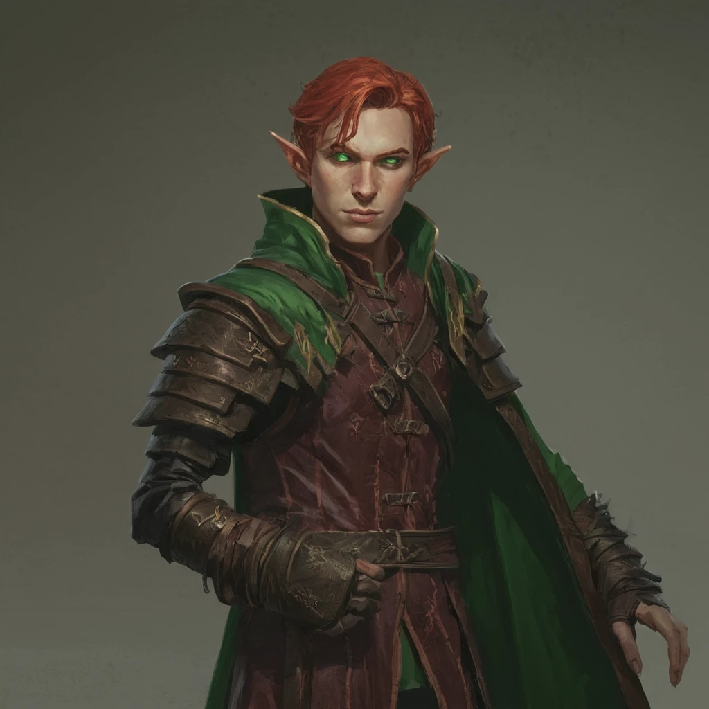  DND character - guy, blood mage, bronze-colored leather, elf,  red hair,  green eyes.  magic book in hand.  green cloak . medium leather armor.