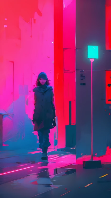 a cyberpunk girl standing in a puddle,abyss background, red theme, perfect shadows, perfect reflections, ray tracing, red highlights, red glow, reflective, poor lighting, futuristic cyberpunk city, midnight, rain
