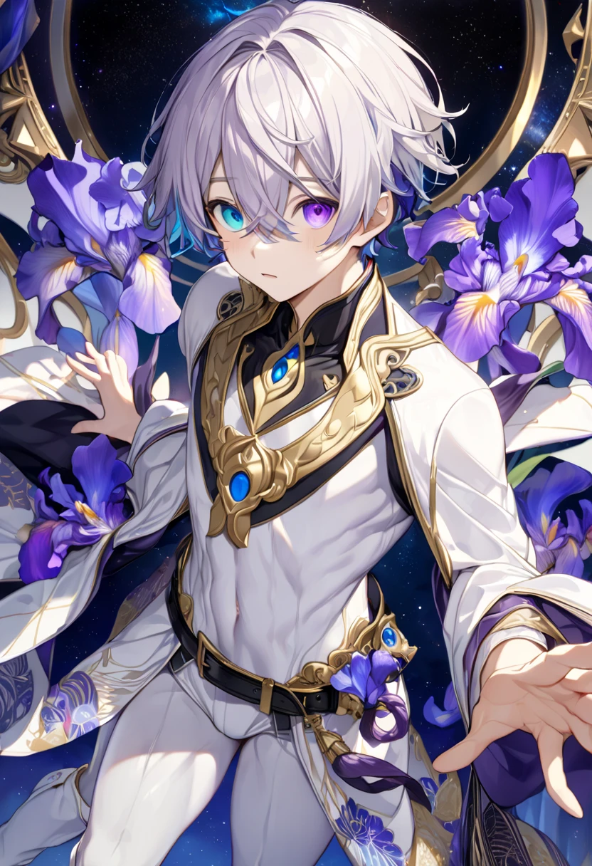  fresh illustration ,
Superfine painting,
 very delicate illustration ,
 Very fine details ,
Picture of only one boy ,
Height: 158cm,
(( standing)),
 white skin,
(((((The right iris is purple and the left iris is blue)))))
(((((Complete iris heterochromia ))))),
 beautiful eyes,
 large black pupils ,
 short hair,
Gray Hair,
 hair roots are bluish ,
 The hair has gradation ,
 shiny hair with makeup,
Beautiful and pretty face,
A small rear wheel that shines brightly floats above the head ,
 raised eyebrows ,
 and is wearing a kimono on the upper body in kimono,
Masculine physique,
 Six Pack,
 Super Skinny,
No boobs,
 lower body Nadres ,
The color of the belt is black ,
Overall white clothes ,
 The design is tastefully embroidered with gold thread,
 fine fabric clothing ,
 jockstrap underwear ,
 thigh strap,
 thigh strapは肌に食い込んでいる,
 white long boots,
 There are countless Japanese style ,
 number of fingers on the hands and feet ,
 thin waist,
 thin legs ,
Isometric,
Golden Ratio,
god々 like atmosphere,
 The undershirt is indigo-colored with a stand-up collar,
 outer space ,
Milky Way,
Little Star々 upper body ,
 tactical use of shadows ,
 rings of the head and hair do not stick out of the angle of view,
Clothes don't stick out of the angle of view ,
( full shot),