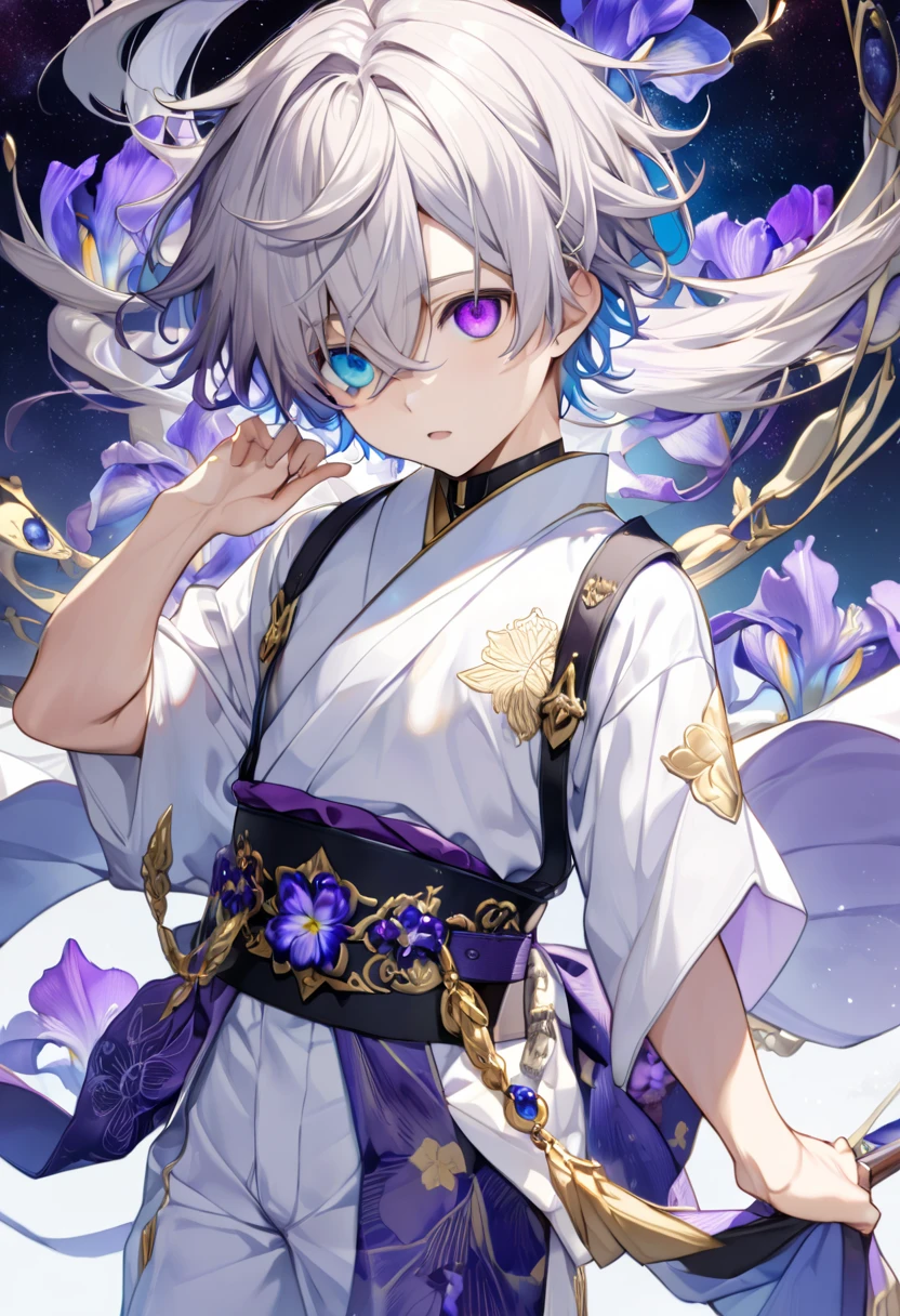  fresh illustration ,
Superfine painting,
 very delicate illustration ,
 Very fine details ,
Picture of only one boy ,
Height: 158cm,
(( standing)),
 white skin,
(((((The right iris is purple and the left iris is blue)))))
(((((Complete iris heterochromia ))))),
 beautiful eyes,
 large black pupils ,
 short hair,
Gray Hair,
 hair roots are bluish ,
 The hair has gradation ,
 shiny hair with makeup,
Beautiful and pretty face,
A small rear wheel that shines brightly floats above the head ,
 raised eyebrows ,
 and is wearing a kimono on the upper body in kimono,
Masculine physique,
 Six Pack,
 Super Skinny,
No boobs,
 lower body Nadres ,
The color of the belt is black ,
Overall white clothes ,
 The design is tastefully embroidered with gold thread,
 fine fabric clothing ,
 jockstrap underwear ,
 thigh strap,
 thigh strapは肌に食い込んでいる,
 white long boots,
 There are countless Japanese style ,
 number of fingers on the hands and feet ,
 thin waist,
 thin legs ,
Isometric,
Golden Ratio,
god々 like atmosphere,
 The undershirt is indigo-colored with a stand-up collar,
 outer space ,
Milky Way,
Little Star々 upper body ,
 tactical use of shadows ,
 rings of the head and hair do not stick out of the angle of view,
Clothes don't stick out of the angle of view ,
( full shot),