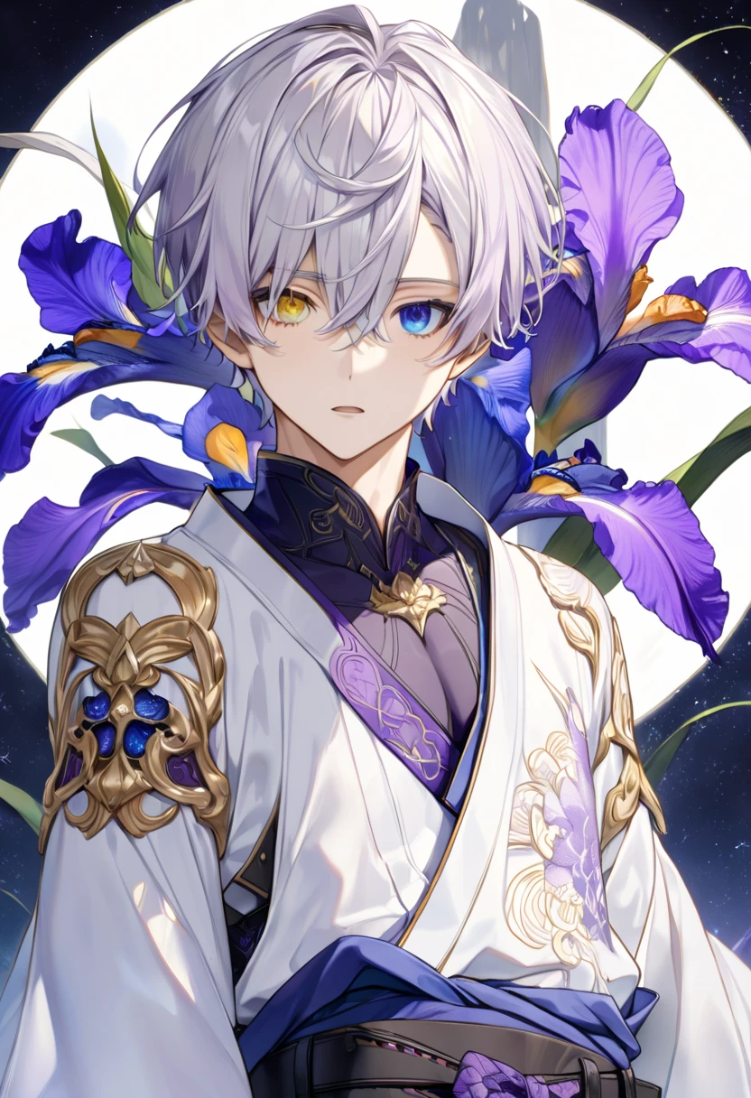  fresh illustration ,
Superfine painting,
 very delicate illustration ,
 Very fine details ,
Picture of only one boy ,
Height: 158cm,
(( standing)),
 white skin,
(((((The right iris is purple and the left iris is blue)))))
(((((Complete iris heterochromia ))))),
 beautiful eyes,
 large black pupils ,
 short hair,
Gray Hair,
 hair roots are bluish ,
 The hair has gradation ,
 shiny hair with makeup,
Beautiful and pretty face,
A small rear wheel that shines brightly floats above the head ,
 raised eyebrows ,
 and is wearing a kimono on the upper body in kimono,
Masculine physique,
 Six Pack,
 Super Skinny,
No boobs,
 lower body Nadres ,
The color of the belt is black ,
Overall white clothes ,
 The design is tastefully embroidered with gold thread,
 fine fabric clothing ,
 jockstrap underwear ,
 thigh strap,
 thigh strapは肌に食い込んでいる,
 white long boots,
 There are countless Japanese style ,
 number of fingers on the hands and feet ,
 thin waist,
 thin legs ,
Isometric,
Golden Ratio,
god々 like atmosphere,
 The undershirt is indigo-colored with a stand-up collar,
 outer space ,
Milky Way,
Little Star々 upper body ,
 tactical use of shadows ,
 rings of the head and hair do not stick out of the angle of view,
Clothes don't stick out of the angle of view ,
( full shot),