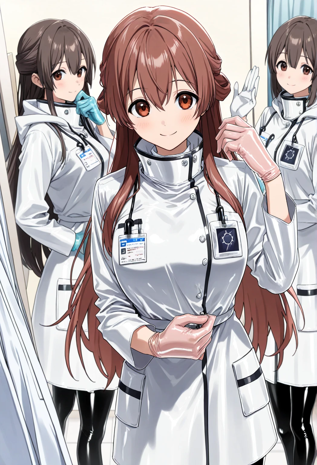 (( female doctor)), anime, smiling, (( Surgical Gloves)), (( latex gloves )), (( Long white Sleeve )), is standing, Alone