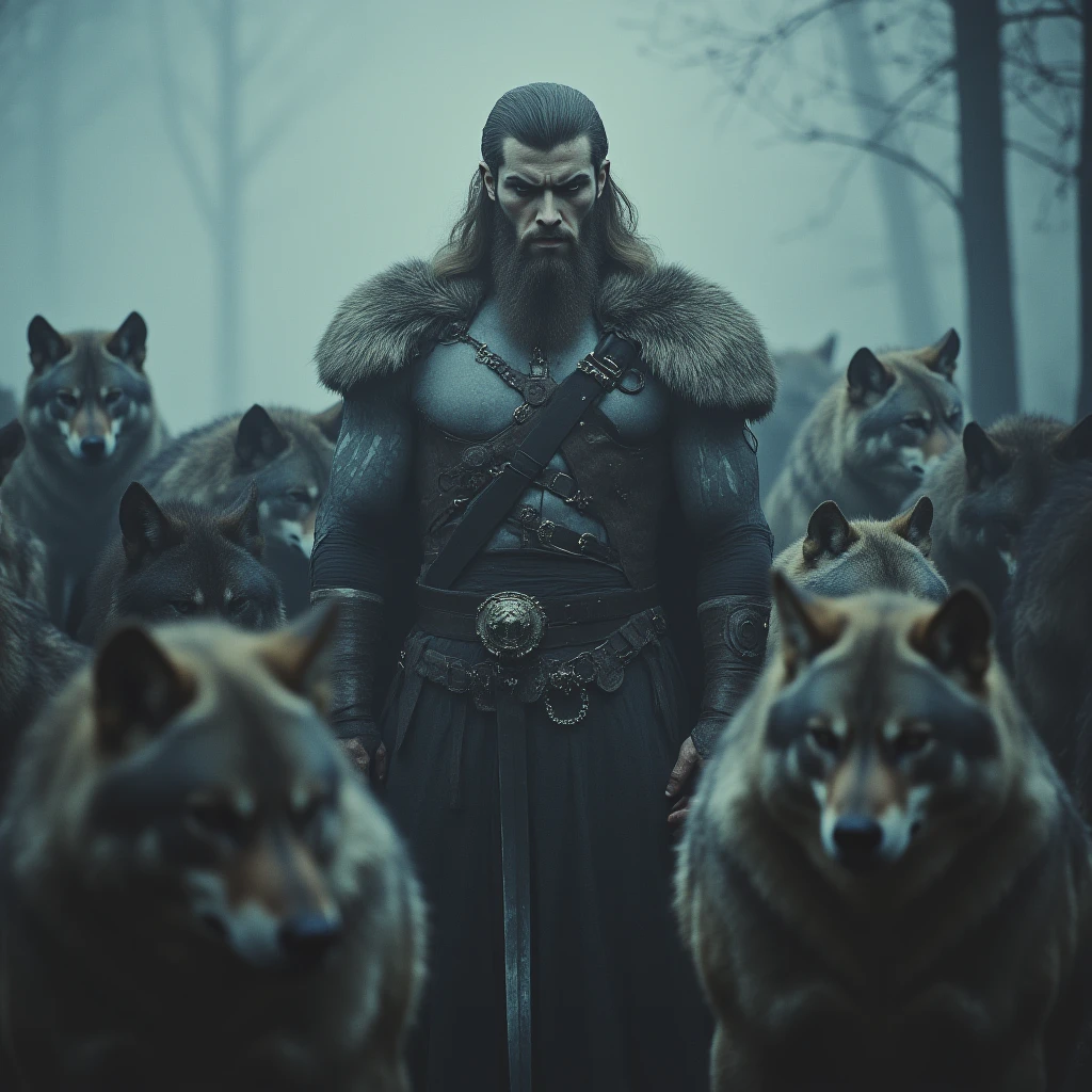  A beautiful nord in the middle of a large pack of wolves , The nordman is wearing war outfit and very revealing  ,  the nord man have Gothic style , barbarian accesories, gothic aesthetics , cinematic plan ,  barbarian outfit, cinematic lighting  ,  very thick beard  , Beautiful face ,  highly muscular body  , muscular shape, many wolves around  , bokeh , 70s dark fantasy movie, 70s horror movie
