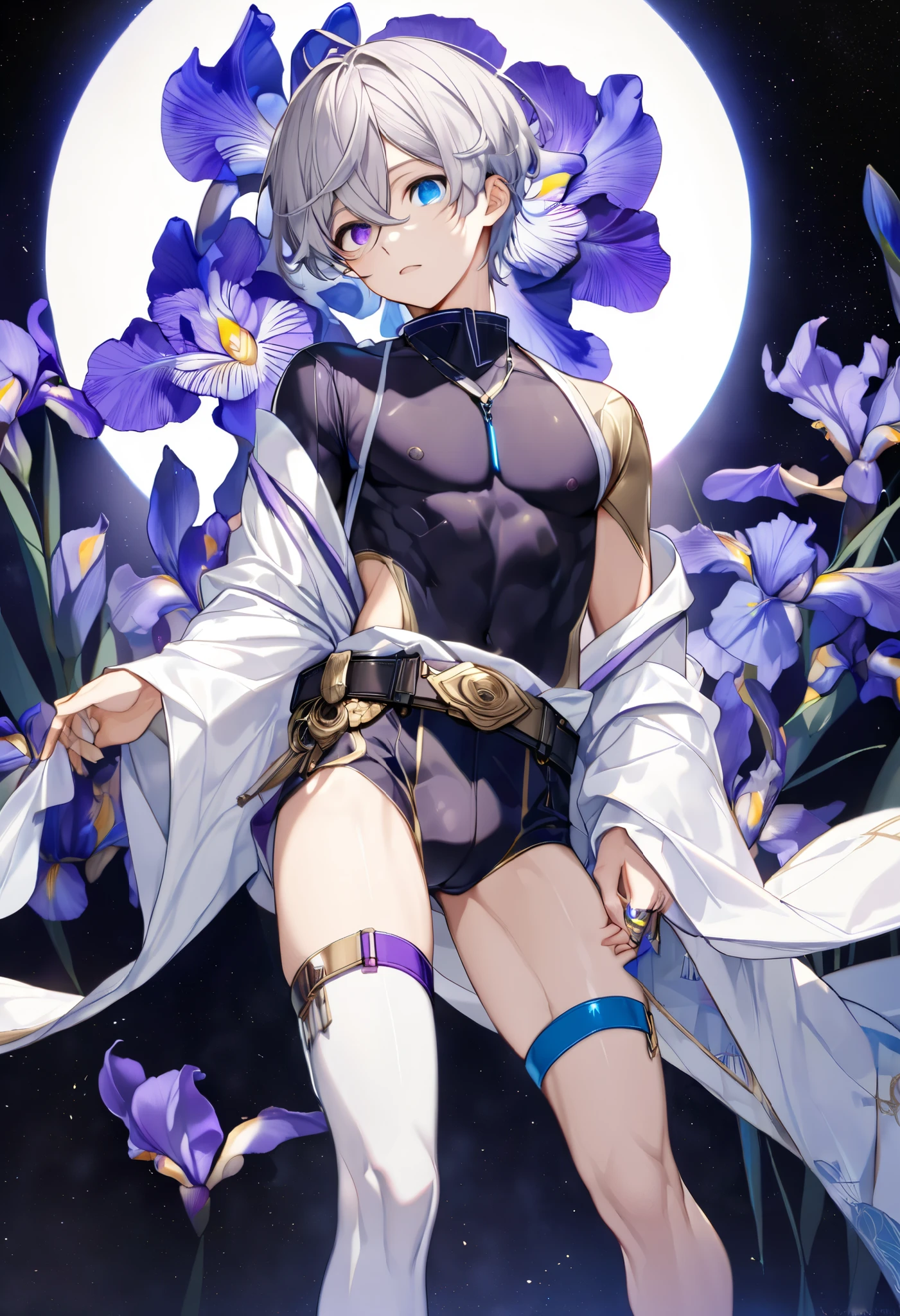  fresh illustration ,
Superfine painting,
 very delicate illustration ,
 Very fine details ,
Picture of only one boy ,
Height: 158cm,
(( standing)),
 white skin,
(((((The right iris is purple and the left iris is blue)))))
(((((Complete iris heterochromia ))))),
 beautiful eyes,
 large black pupils ,
 short hair,
Gray Hair,
 hair roots are bluish ,
 The hair has gradation ,
 shiny hair with makeup,
Beautiful and pretty face,
A small rear wheel that shines brightly floats above the head ,
 raised eyebrows ,
 and is wearing a kimono on the upper body in kimono,
Masculine physique,
 Six Pack,
 Super Skinny,
No boobs,
 lower body Nadres ,
The color of the belt is black ,
Overall white clothes ,
 The design is tastefully embroidered with gold thread,
 fine fabric clothing ,
 jockstrap underwear ,
 thigh strap,
 thigh strapは肌に食い込んでいる,
 white long boots,
 There are countless Japanese style ,
 number of fingers on the hands and feet ,
 thin waist,
 thin legs ,
Isometric,
Golden Ratio,
god々 like atmosphere,
 The undershirt is indigo-colored with a stand-up collar,
 outer space ,
Milky Way,
Little Star々 upper body ,
 tactical use of shadows ,
 rings of the head and hair do not stick out of the angle of view,
Clothes don't stick out of the angle of view ,
( full shot),