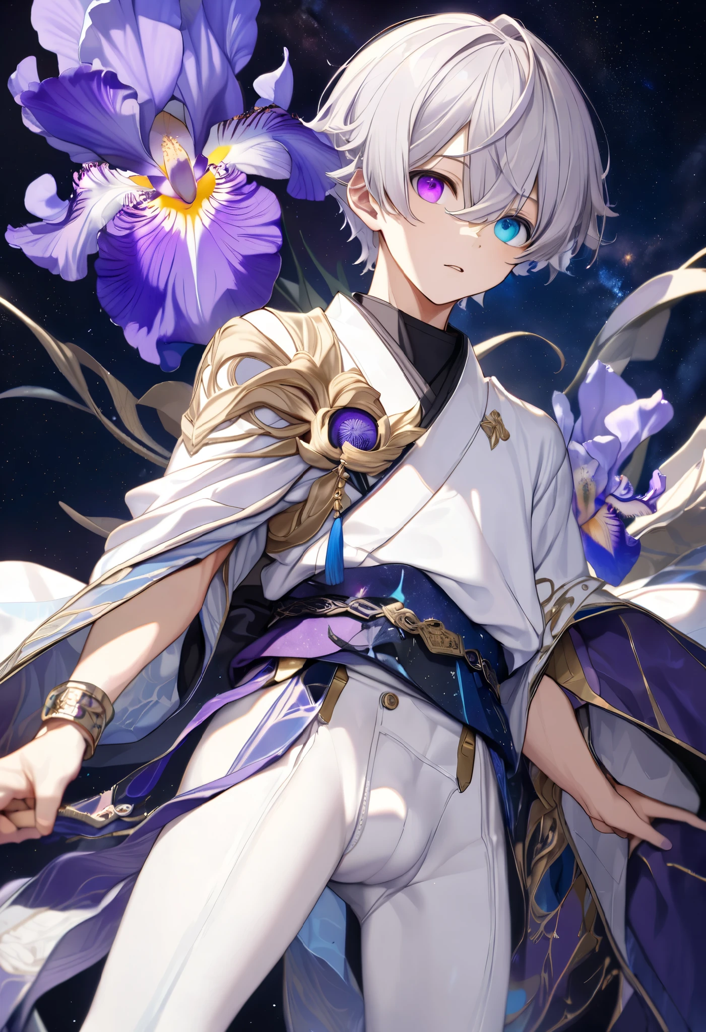  fresh illustration ,
Superfine painting,
 very delicate illustration ,
 Very fine details ,
Picture of only one boy ,
Height: 158cm,
(( standing)),
 white skin,
(((((The right iris is purple and the left iris is blue)))))
(((((Complete iris heterochromia ))))),
 beautiful eyes,
 large black pupils ,
 short hair,
Gray Hair,
 hair roots are bluish ,
 The hair has gradation ,
 shiny hair with makeup,
Beautiful and pretty face,
A small rear wheel that shines brightly floats above the head ,
 raised eyebrows ,
 and is wearing a kimono on the upper body in kimono,
Masculine physique,
 Six Pack,
 Super Skinny,
No boobs,
 lower body Nadres ,
The color of the belt is black ,
Overall white clothes ,
 The design is tastefully embroidered with gold thread,
 fine fabric clothing ,
 jockstrap underwear ,
 thigh strap,
 thigh strapは肌に食い込んでいる,
 white long boots,
 There are countless Japanese style ,
 number of fingers on the hands and feet ,
 thin waist,
 thin legs ,
Isometric,
Golden Ratio,
god々 like atmosphere,
 The undershirt is indigo-colored with a stand-up collar,
 outer space ,
Milky Way,
Little Star々 upper body ,
 tactical use of shadows ,
 rings of the head and hair do not stick out of the angle of view,
Clothes don't stick out of the angle of view ,
( full shot),