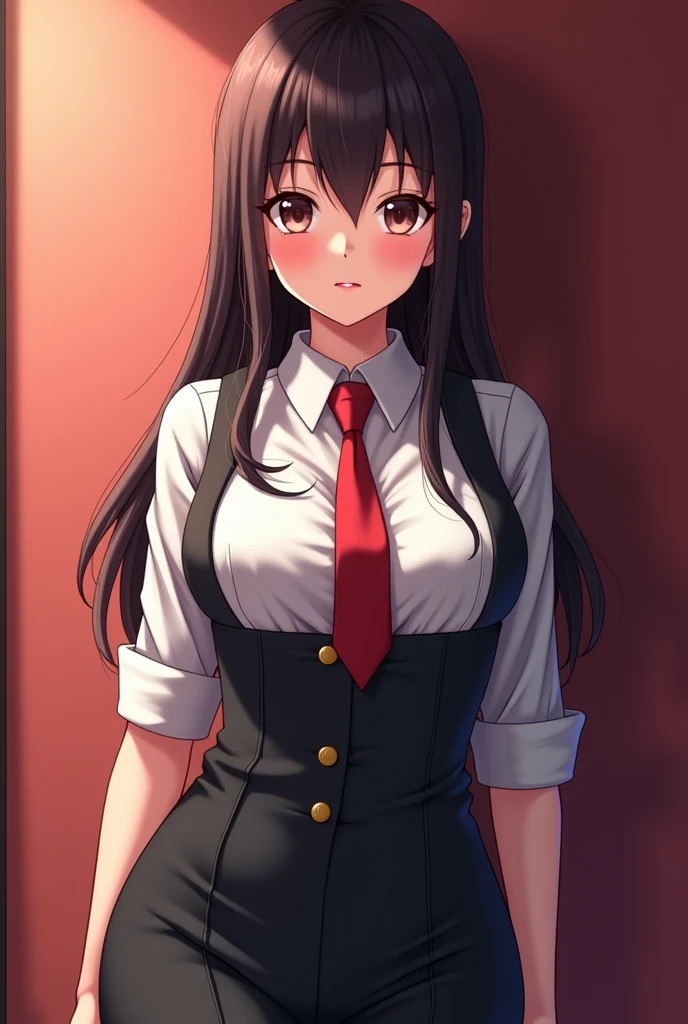(masterpiece, best quality:1.2), expressive eyes, perfect face, highres, 1girl, solo, (female:1.5), issei_hyoudou, long hair, long sleeves , necktie, pants, red necktie, unbuttoned shirt, blushing, standing, portrait, looking at viewer,