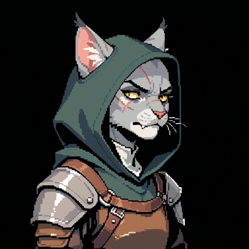 Pixalart Portrait of annoyed catfolk rogue, veiled face, hood, black medieval fantasy rogue clothes, leather armor, lute strapped to back, slit pupils, catfolk, tabaxi, sphinx cat, grey skin, annoved groan, anthro, face closeup, above shoulders, black background, from side, scars