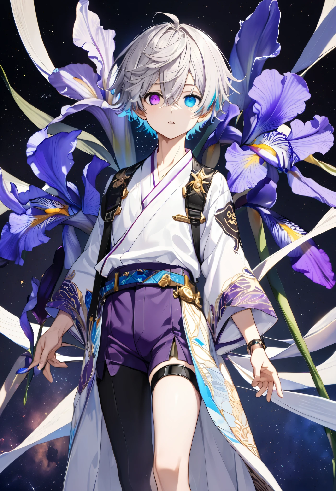  fresh illustration ,
Superfine painting,
 very delicate illustration ,
 Very fine details ,
Picture of only one boy ,
Height: 158cm,
(( standing)),
 white skin,
(((((The right iris is purple and the left iris is blue)))))
(((((Complete iris heterochromia ))))),
 beautiful eyes,
 large black pupils ,
 short hair,
Gray Hair,
 hair roots are bluish ,
 The hair has gradation ,
 shiny hair with makeup,
Beautiful and pretty face,
A small rear wheel that shines brightly floats above the head ,
 raised eyebrows ,
 and is wearing a kimono on the upper body in kimono,
Masculine physique,
 Six Pack,
 Super Skinny,
No boobs,
 lower body Nadres ,
The color of the belt is black ,
Overall white clothes ,
 The design is tastefully embroidered with gold thread,
 fine fabric clothing ,
 jockstrap underwear ,
 thigh strap,
 thigh strapは肌に食い込んでいる,
 white long boots,
 There are countless Japanese style ,
 number of fingers on the hands and feet ,
 thin waist,
 thin legs ,
Isometric,
Golden Ratio,
god々 like atmosphere,
 The undershirt is indigo-colored with a stand-up collar,
 outer space ,
Milky Way,
Little Star々 upper body ,
 tactical use of shadows ,
 rings of the head and hair do not stick out of the angle of view,
Clothes don't stick out of the angle of view ,
( full shot),