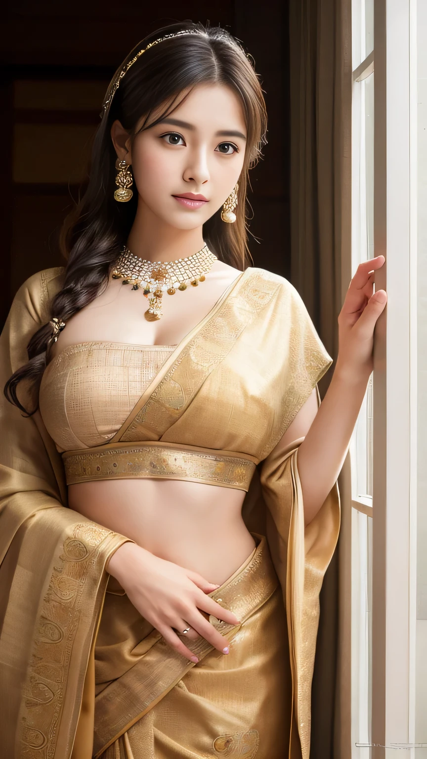 Top image quality、8K、masterpiece:1.3))、Realistic high-quality photos、top-quality、girl cute-fine face、 beautiful Japan girl、Photo of slim model、Beautiful girl model、young japanese girl、Young cute face、japanaese girl、 female model、Beautiful Model Girl、The innocent look of the girl next door、lovely delicate face、Brown hair、Beautiful brown eyes、Tear bag、drooing eyes、young body、Designer Jewelry, Traditional saris of Cleopatra fabric from top to bottom, Full body standing camera weive beauty pose, big size breast