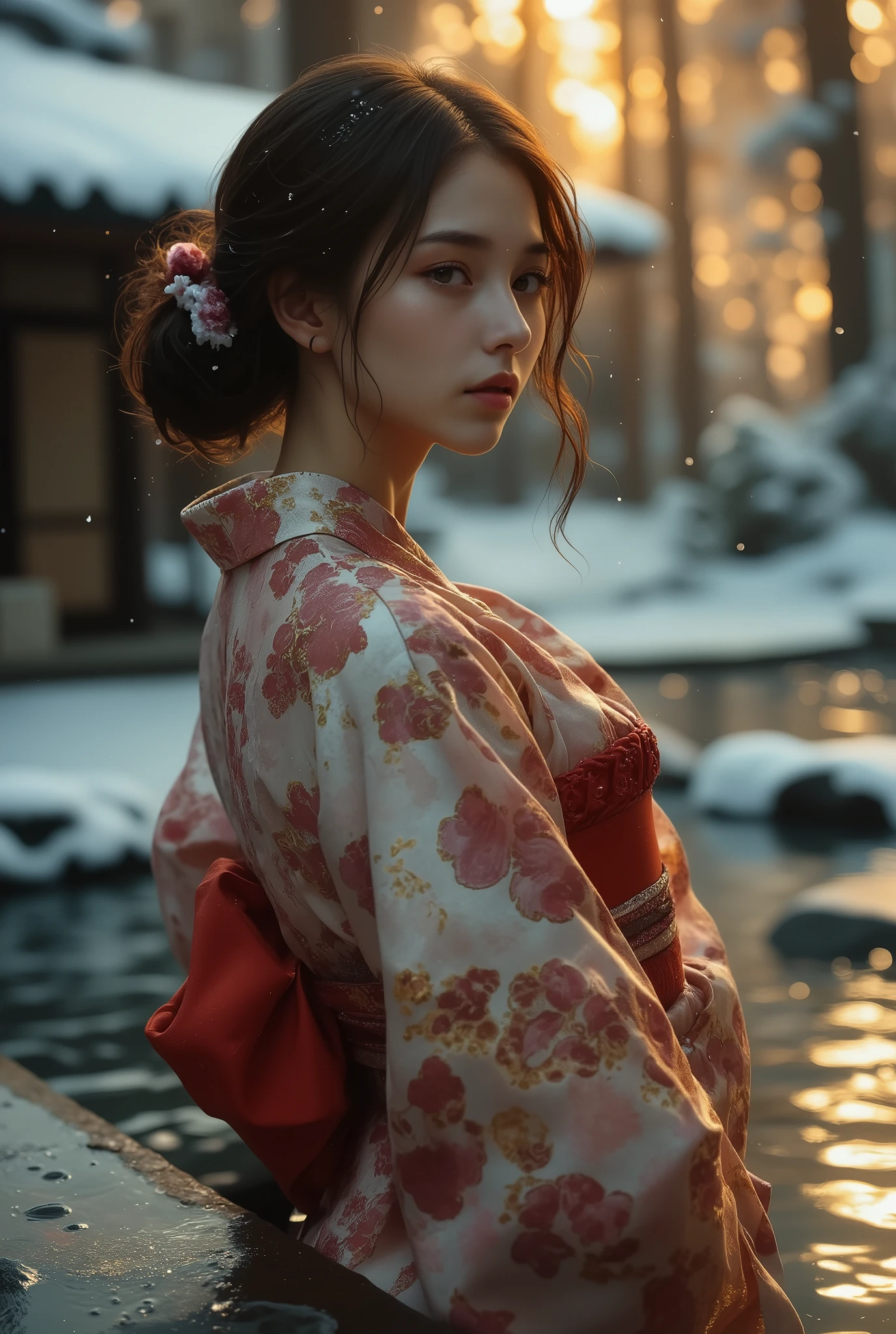 An award-winning 70s-style analog photograph of a beautiful Japanese woman standing gracefully near the edge of a steaming onsen during a tranquil Japanese winter. She wears an elegant yukata with intricate patterns of cherry blossoms, cranes, and waves in soft pink, deep red, and gold. Snowflakes gently fall around her, clinging to her flowing hair and the fabric of her yukata, while her serene expression reflects quiet contemplation.
The background features a traditional snow-covered onsen, surrounded by smooth stones and tall, snow-dusted pine trees. Rising mist from the steaming water contrasts with the cold, crisp air, as soft god rays filter through the branches, casting a warm golden light on the scene. The composition highlights her elegant form, the intricate details of her yukata, and the serene, ethereal beauty of a snowy Japanese winter onsen. The image has a distinct grainy 70s analog texture, lending a nostalgic and timeless quality.