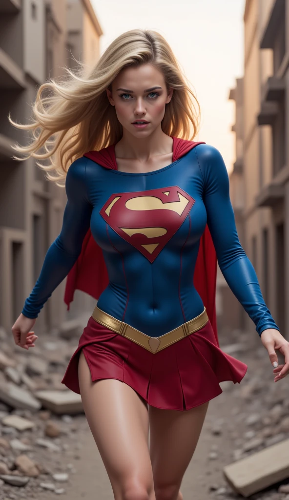Uma mulher usando cosplay de Supergirl, Long Blonde Hair Bangs Ultra Realistic Image