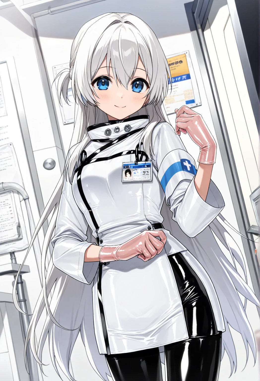 (( female doctor)), anime, smiling, (( Surgical Gloves)), (( latex gloves )), (( Long white Sleeve )), is standing, Alone