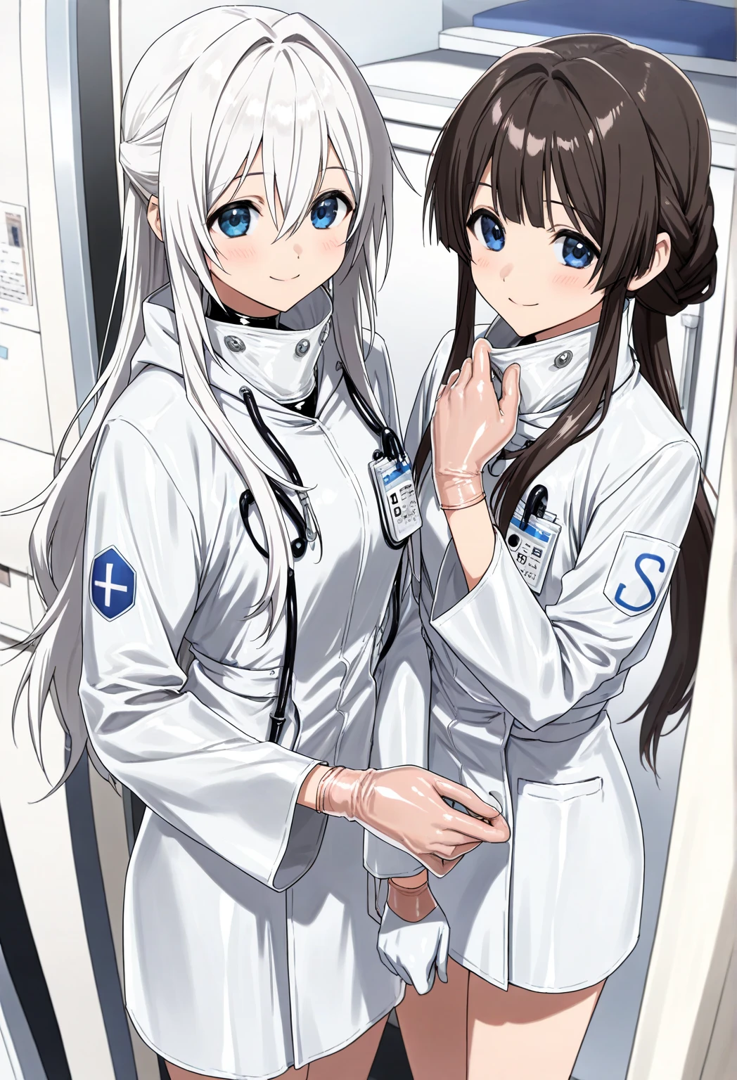 (( female doctor)), anime, smiling, (( Surgical Gloves)), (( latex gloves )), (( Long white Sleeve )), is standing, Alone