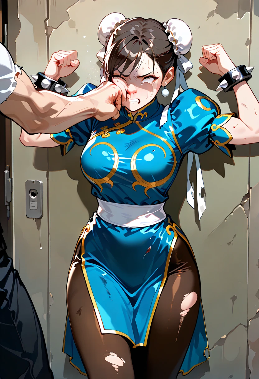 solo, master piece, best quality, ultla detailed, NSFW, gore, violence, sf2 chun, hair buns, covered buns, chinese dress, qipao, blue outfit, puffy sleeves, brown pantyhose, white belt, (torn:1.3), black hair, large saggy breast, thick legs. feel regrettable, teardrop, (shibari, arms behind back:1.4), (restrain to wall),injury, (many wounds and laceration on body and face:1.2), blood splattered on face, (((swollen forehead and cheek:1.1))), ((bruised on face:1.2)), (((eye swollen almost shut:1.3))), drooling, prison, seiza, harness gag