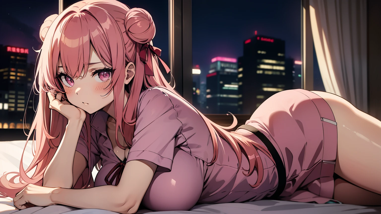 (1 girl), (((medium boobs))) (((huge ass))) beautiful and cute lady, wearing only a black micro bikini, with her panties on her ass, (bright magenta hair)), (twintails), smiling, in the pool, lying down, (toned body), (small waist), (((Ichika Amasawa))), red ribbons in her hair, ((bright yellow eyes)), good anatomy, perfect hands, slim waist, barefoot, eye reflection, glowing eyes, anime, anime style, ray tracing, chromatic aberration, Sony FE, 8k, Udisk, masterpiece, accurate, anatomically correct, textured skin, Super Detail, high quality, high, hard drive, 16k