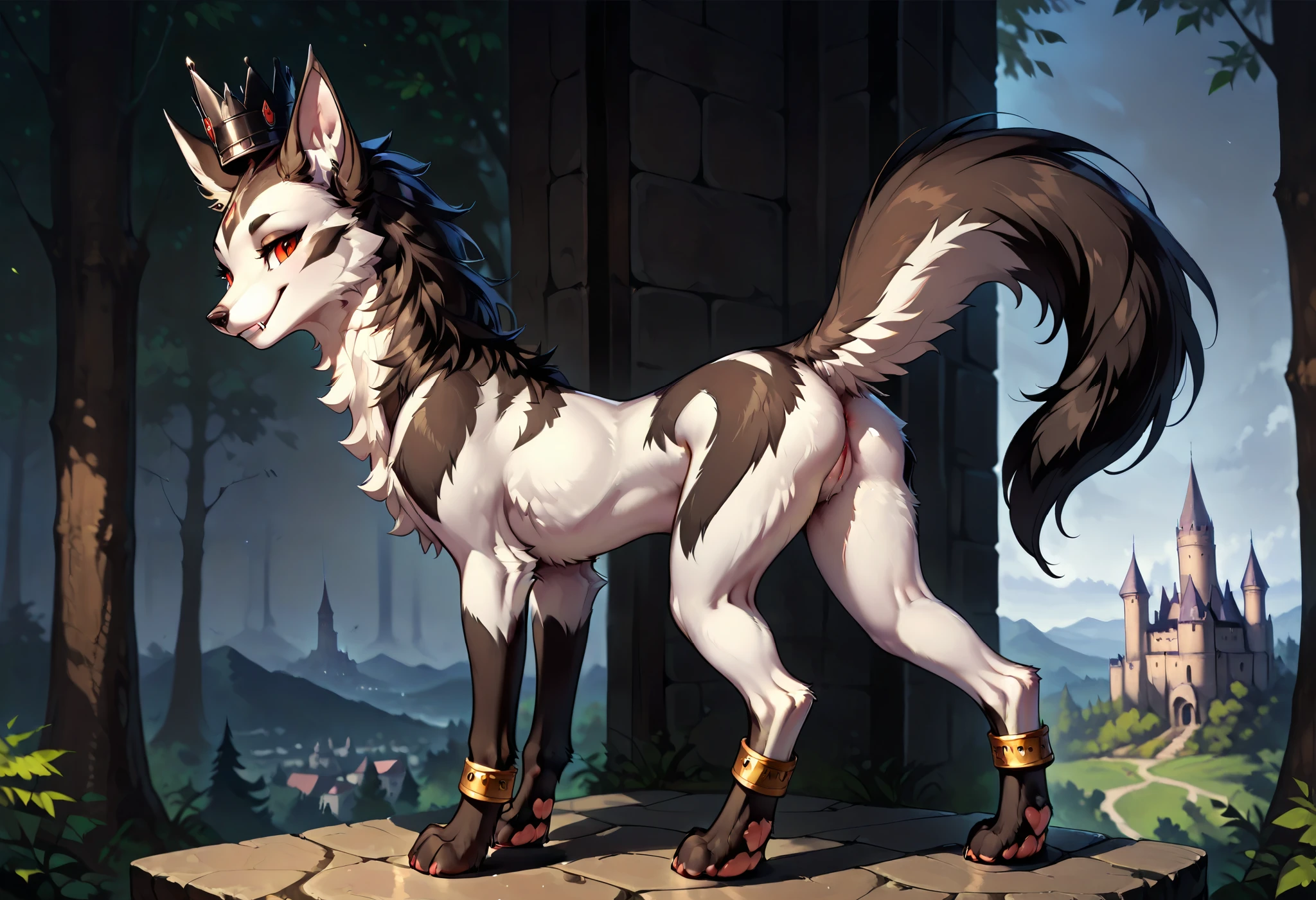 score_9, score_8_up, score_7_up,solo, (((feral))), myghtyena, body fur, detailed fur, petite figure, smile, teeth, fang, nude, sexy pose, outside, sexy pose, (((quadrupped))), black crown, ankle bands, arm bands, paws, pawpads, four toe,(((view from behind))), dark castle, dark atmosphere, detailed background,