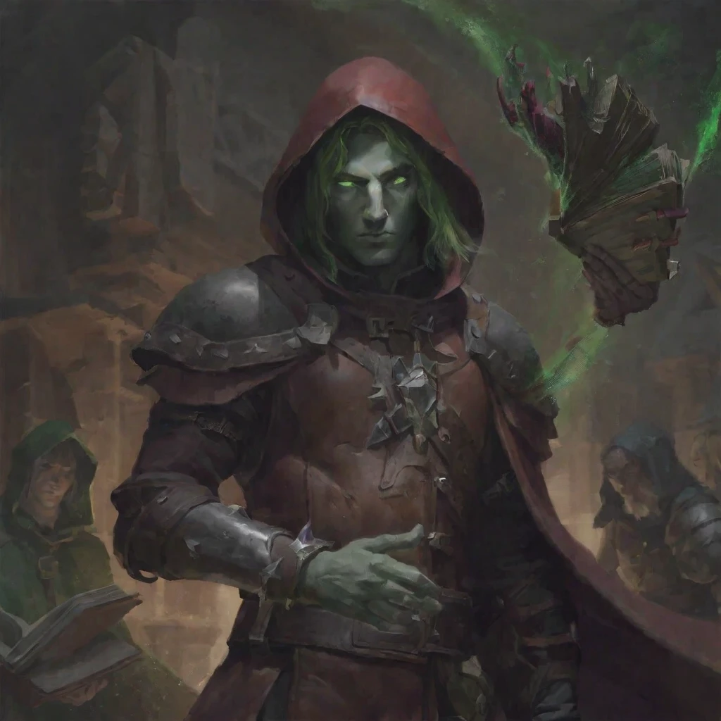 DND character - guy, man, man, blood mage, ((bronze-colored leather)), elf,  red hair,  green eyes.  magic book in hand.  green cloak . medium leather armor. book in hand.  magical fantasy background. splashes of magic  .clots of magic .  broken glass .