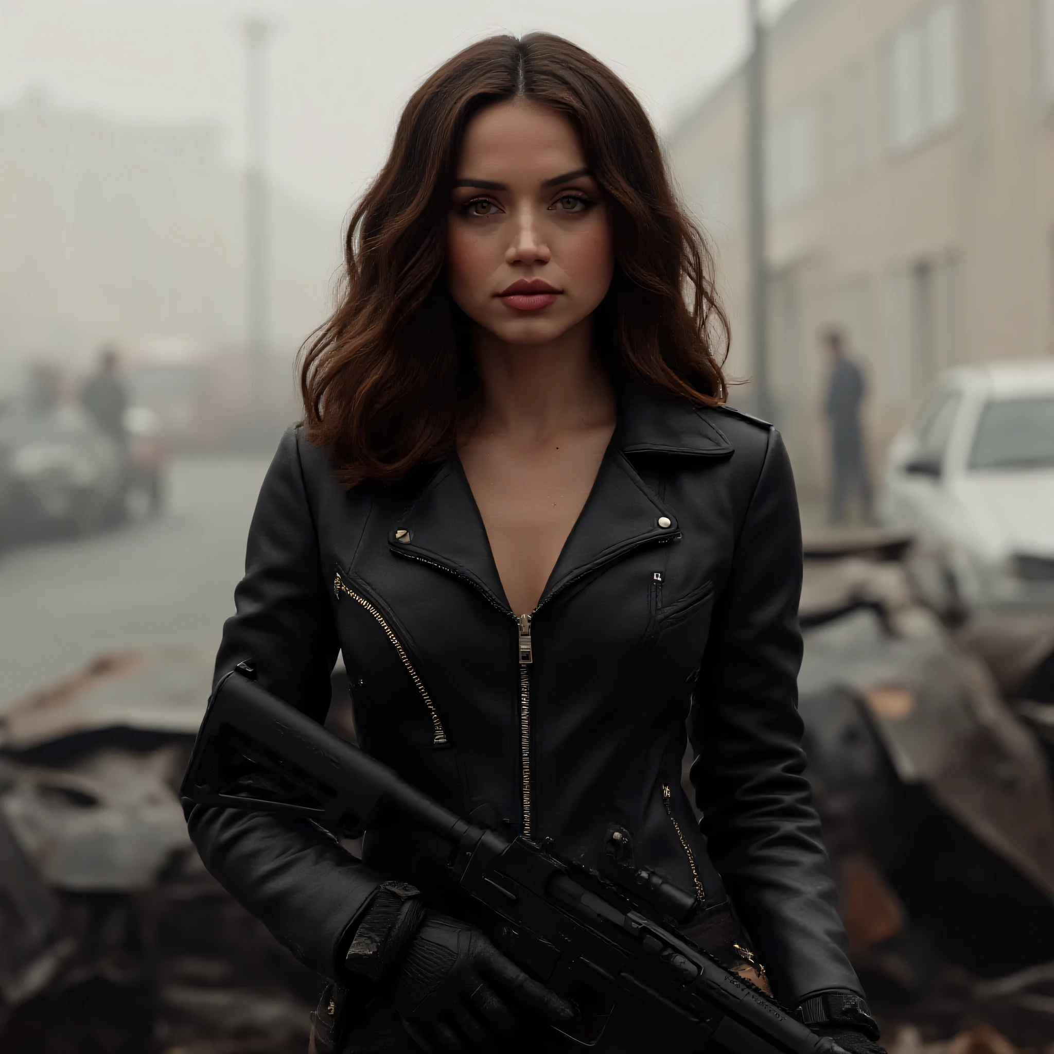 Ana de Armas, high-resolution portrait photo , realistic , full body shot, photograph , Tom Clancy's game The Division , Military Woman, long brown and voluminous hair , with shiny transparent lip gloss . Wearing a leather suit black with zippers and metal buttons , a v-neck highlights her breasts . The outfit includes , black leather gloves and tactical weapons on his belt , big bosom . armado, huge automatic rifle in the hand with a visor and an active red laser. (photorealism:1.2), beautiful woman , Female Soldier wearing a high-caliber sniper , bigger bust, Athletic, dirty, sweaty hairs , hostesses without makeup, perfect body proportions, beautiful and dangerous , Her expression is serious and decisive , striking, standing and standing in front of a wrecked car , shooting at the enemy , A closed and contaminated Ireland , empty streets, a vision of war , 8K, ultra detailed, hyper-realistic, Shallow depth of vision , Focus on women,