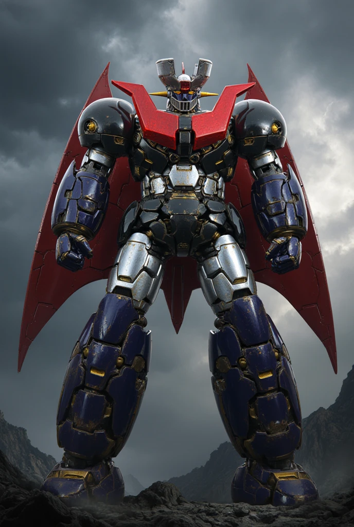 It's a very realistic version of the smart Great Mazinger that has been modified with red wings and gold metal connections added to the fuselage、Grendizer to be converted to Gundam is standing 100 meters high in battle position.thunder