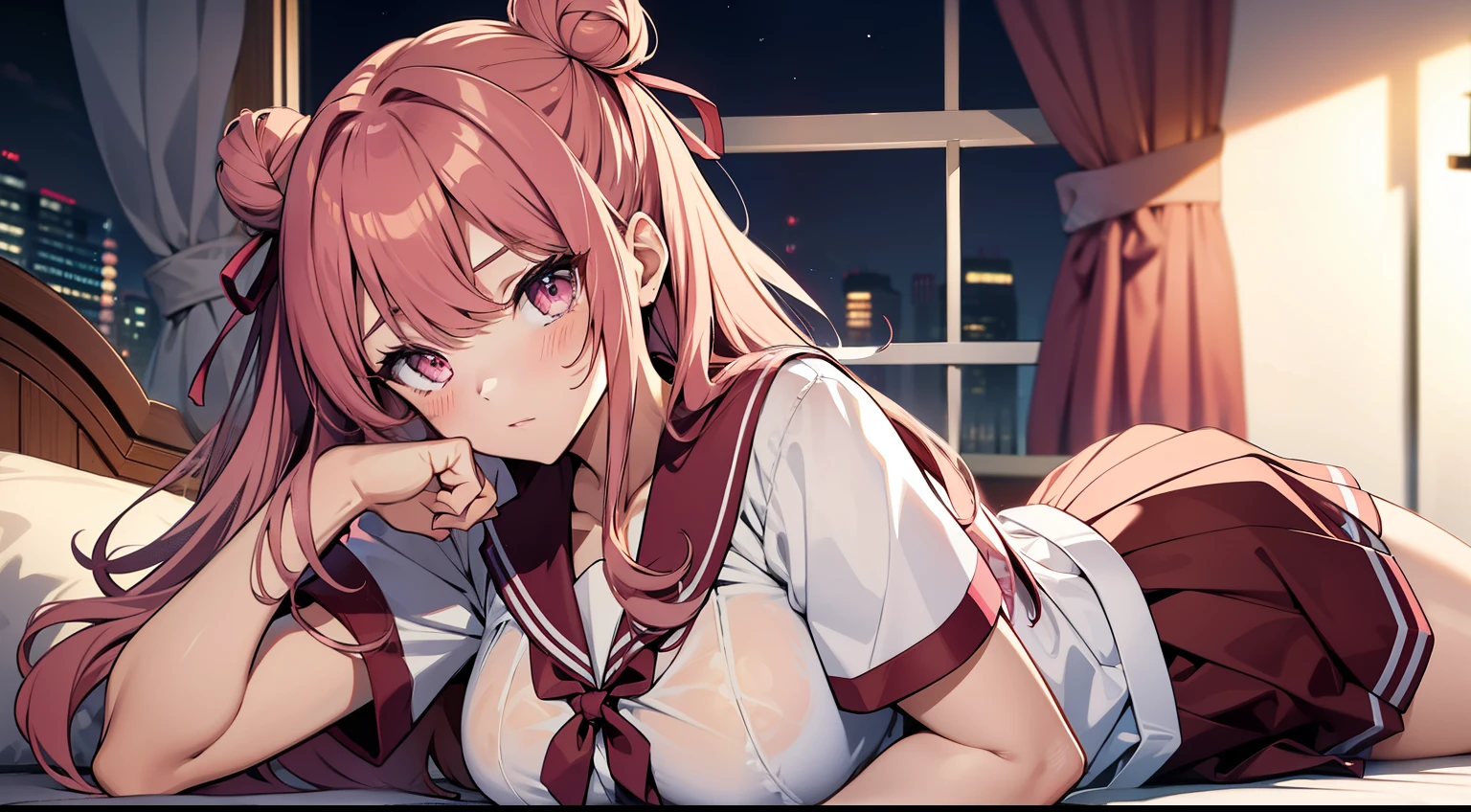 1 girl, game cg, pink pajamas, gigantic breasts, pink hair, long hair, hair up, princess hairstyle, ahoge, pink eyes, night, mountains, indoors, smiling, standing,
