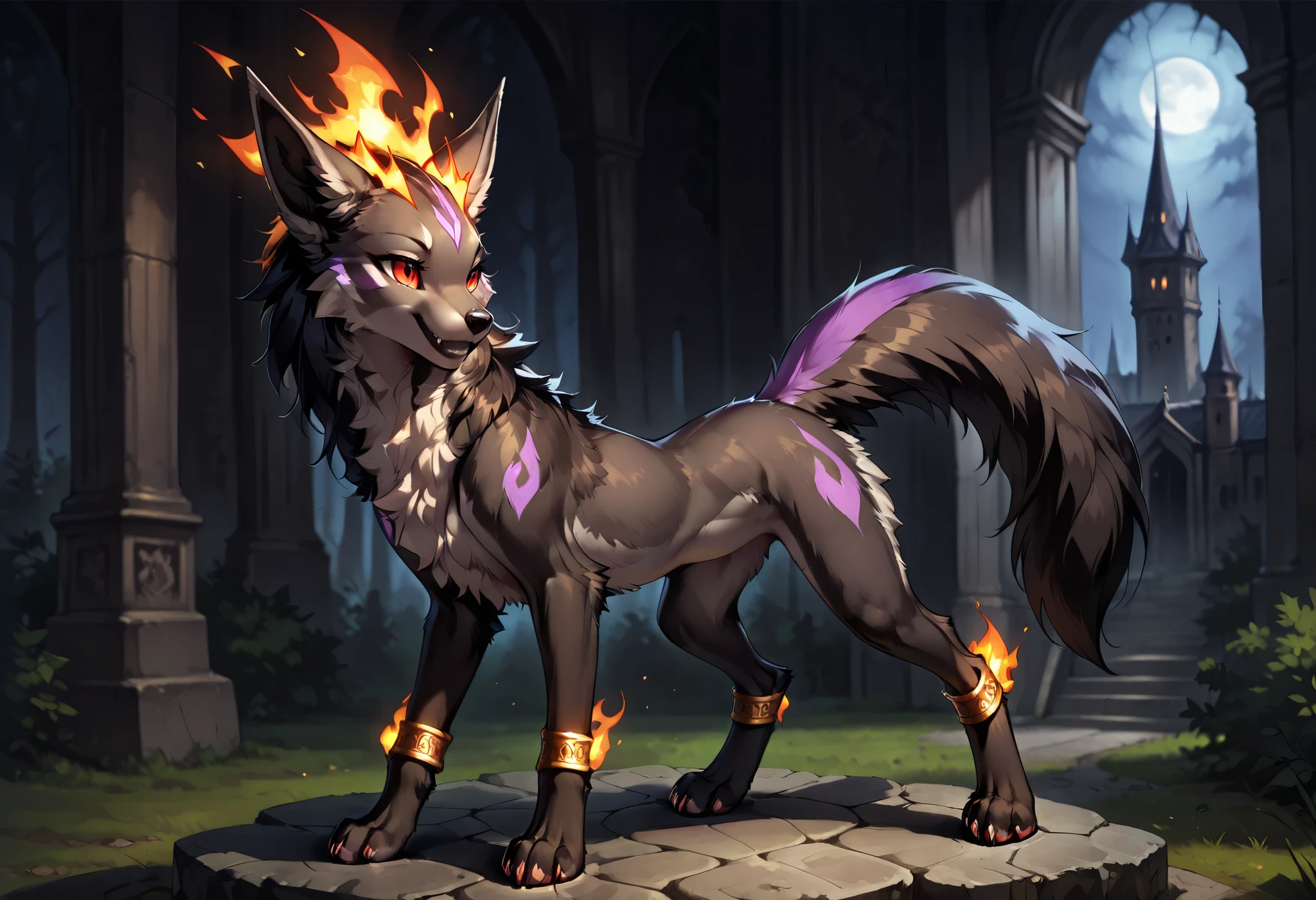 score_9, score_8_up, score_7_up,solo, (((feral))), myghtyena, body fur, detailed fur, petite figure, smile, teeth, fang, nude, sexy pose, outside, sexy pose, (((quadrupped))), flame crown, ankle bands, arm bands, paws, pawpads, four toe, dark castle, dark atmosphere, detailed background