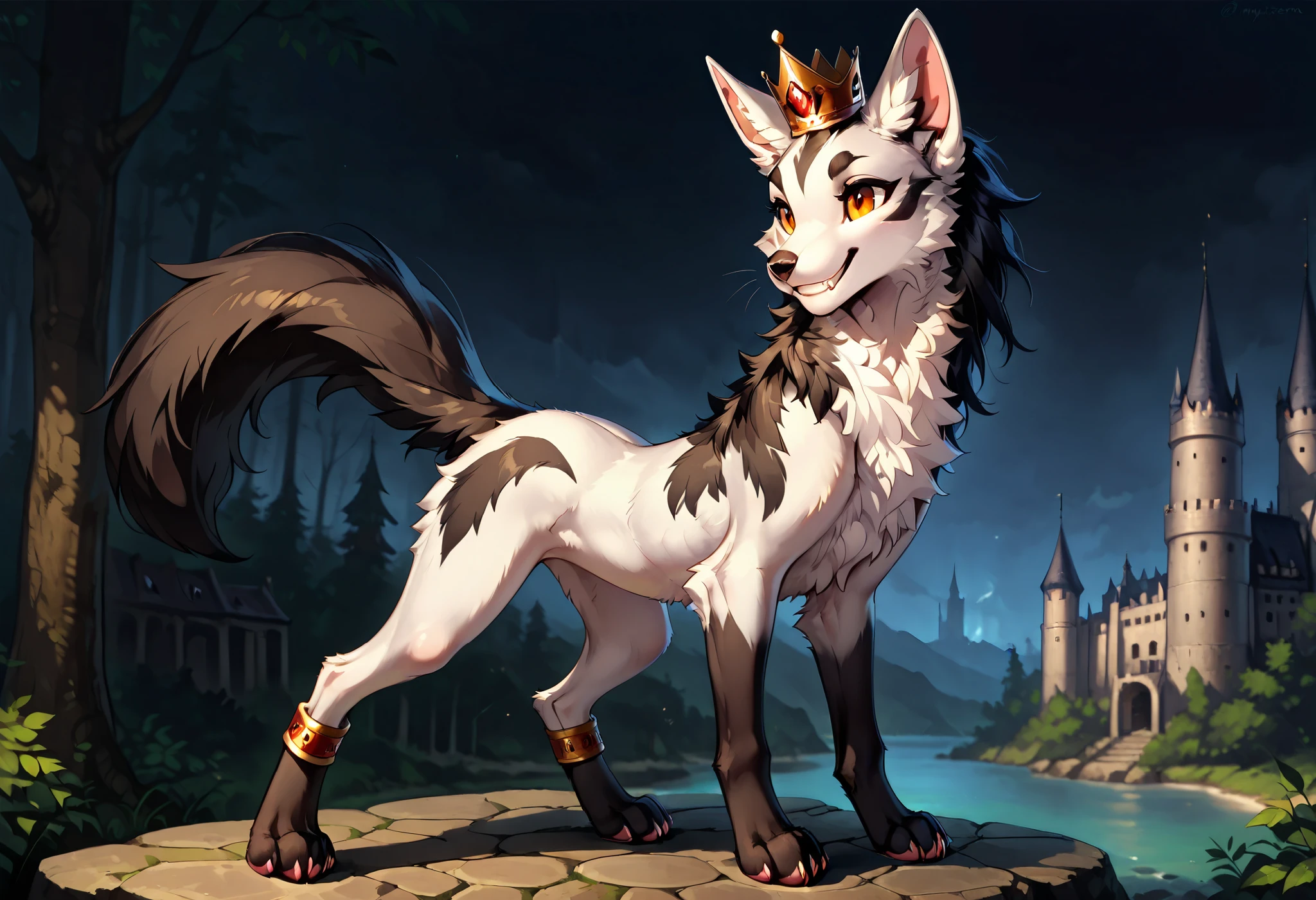 score_9, score_8_up, score_7_up,solo, (((feral))), myghtyena, body fur, detailed fur, petite figure, smile, teeth, fang, nude, sexy pose, outside, sexy pose, (((quadrupped))), black crown, ankle bands, arm bands, paws, pawpads, four toe,view from behind, dark castle, dark atmosphere, detailed background,