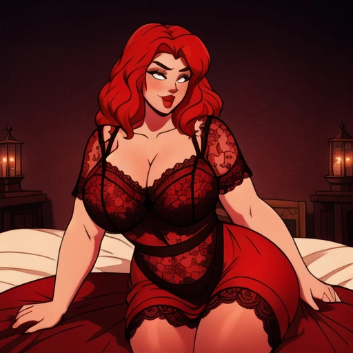 (masterpiece:1.2, best quality:1.2, beautiful, high quality, highres:1.1, aesthetic), 4K, perfect eyes, perfect face, perfect lighting, cell shading, (huge breasts: 1.5), milf, curvy, 1girl, solo focus, mature female,
black and red hair, two-tone hair, multi colored hair, gradient hair, short hair, hair over eyes, side cut hairstyle, pale skin, black lips, eyeshadow, red eyes, freckles, cowboy shot, wide hips, curvy, bite lip, 
black choker, flowing hair, red heart lingerie, see-through, cleavage, bare shoulders, 
Night, bedroom, outdoors,  sitting on bed, white bed, looking at you, smiling, red rose tattoo on left shoulder, red petals in the air, red candles,
