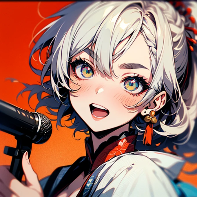  has a microphone，Okappa ， ponytail， summary hair ，I have a microphone，The shape of the eyebrows is a round eyebrow，The boy from Marobi ， singing enthusiastically with a microphone， wearing kimono  costume ，Wears a Chigo costume from the Heian period with red embroidery based on white and black，Strong Boy ，Boy with white arms ， cheeky expression ， cute，Fair skin， rosy cheeks ，Soft Cheeks， glossy lips ，Pure white hair color， cropped bangs with money sandwiched between cleavage， has hair bundled at the back， golden eyes， big eyes，Slanted Eyes， singing enthusiastically with a microphone， moving，Shiny Hair， Smooth skin ， High Quality ， One Boy ， short