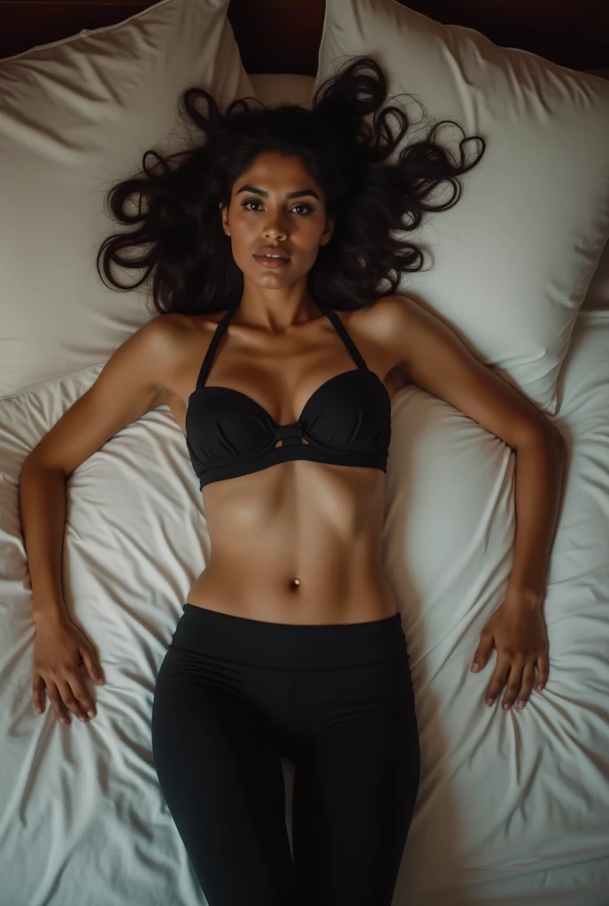 ((Top down view)),aerial shot, Samantha ruth prabhu,fair skin,Masterpiece, close up body, a beautiful succumbus woman, lying in bed, thick shaggy ((long dense hair)),bikini showing cleavage and navel, in bed, (UHD, 8K wallpaper, High resolution), Cinematic lighting, award-winning, extremely detailed skin, extra detailed face, high detail eyes, photo-realistic, Zeiss 85 mm F/100,black hair